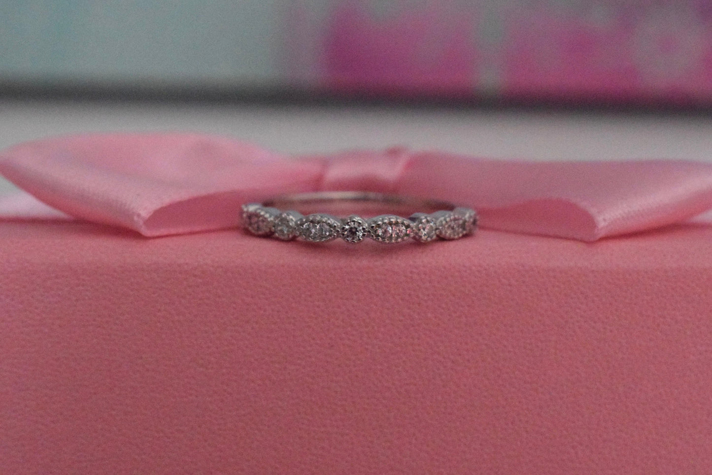 Moissanite Sterling Silver 925 2mm Art Deco Half Eternity Band, Wedding Band, Stacking Ring