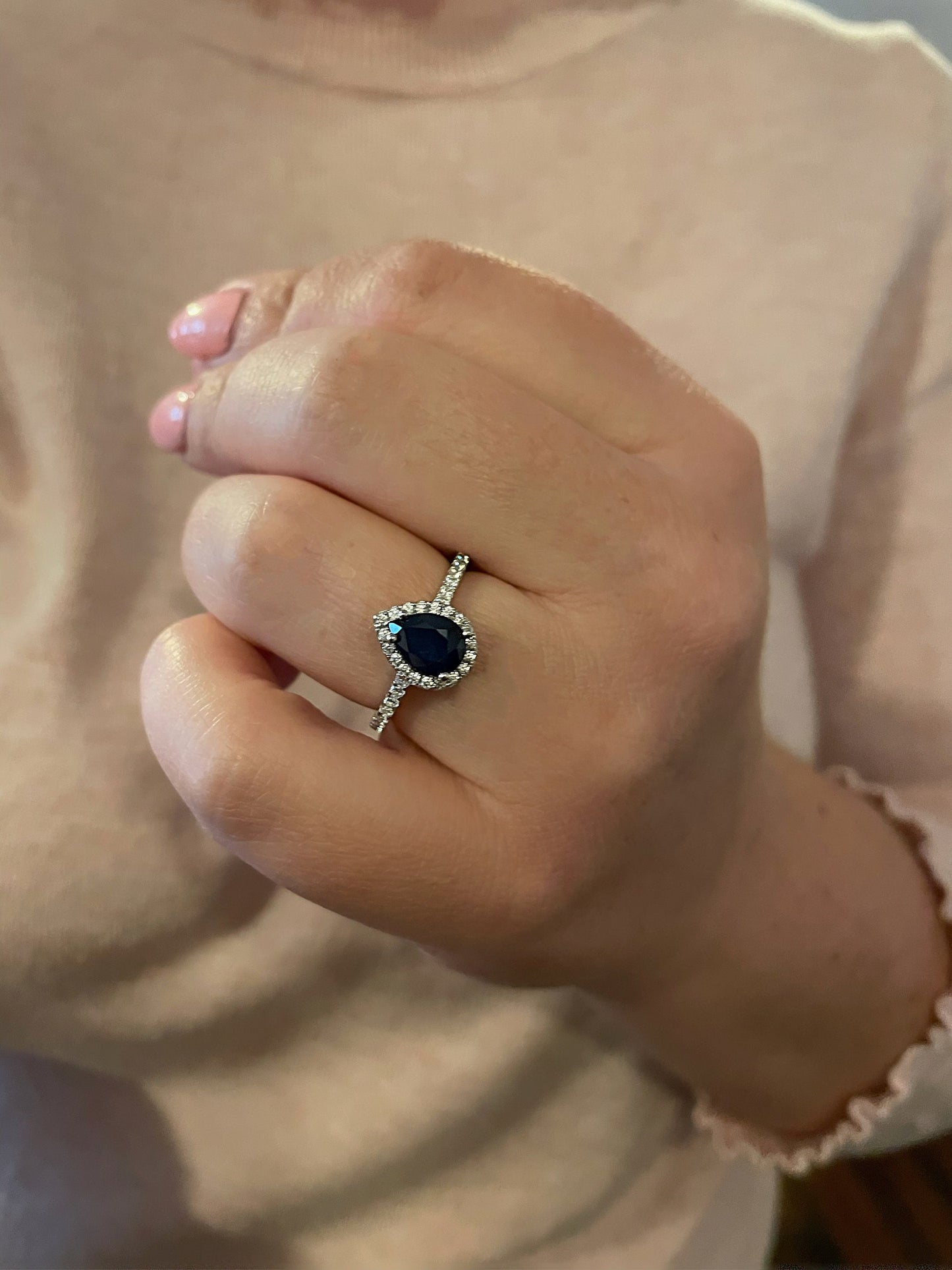 Sapphire ring. Sterling Silver 925 engagement ring with 1.2CT Pear Shaped Blue Sapphire, September Birthstone