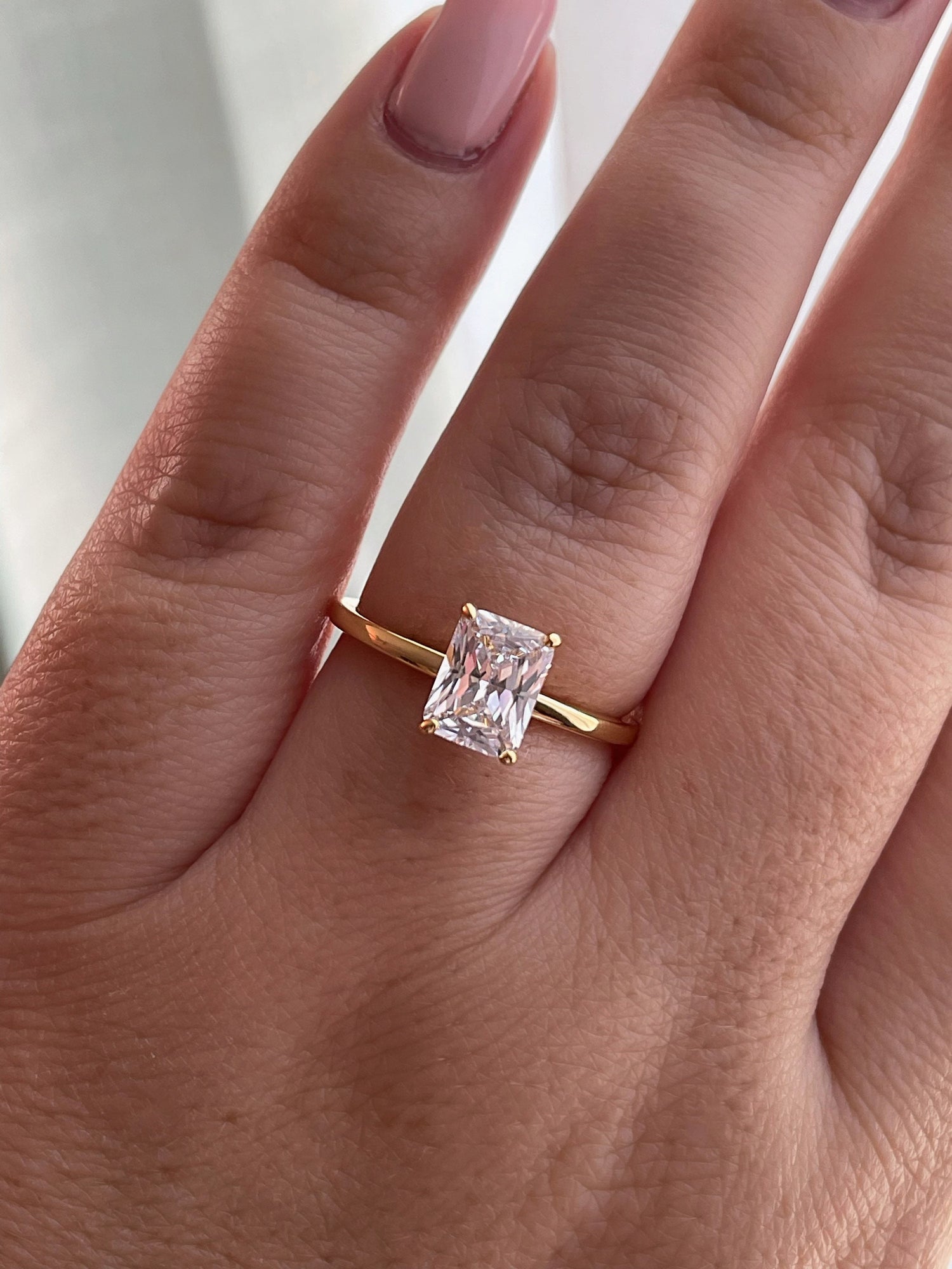 The Alessandra. Yellow Gold, White Gold, Rose Gold, Sterling Silver 925 Engagement Ring with the finest 2CT Radiant cut Moissanite