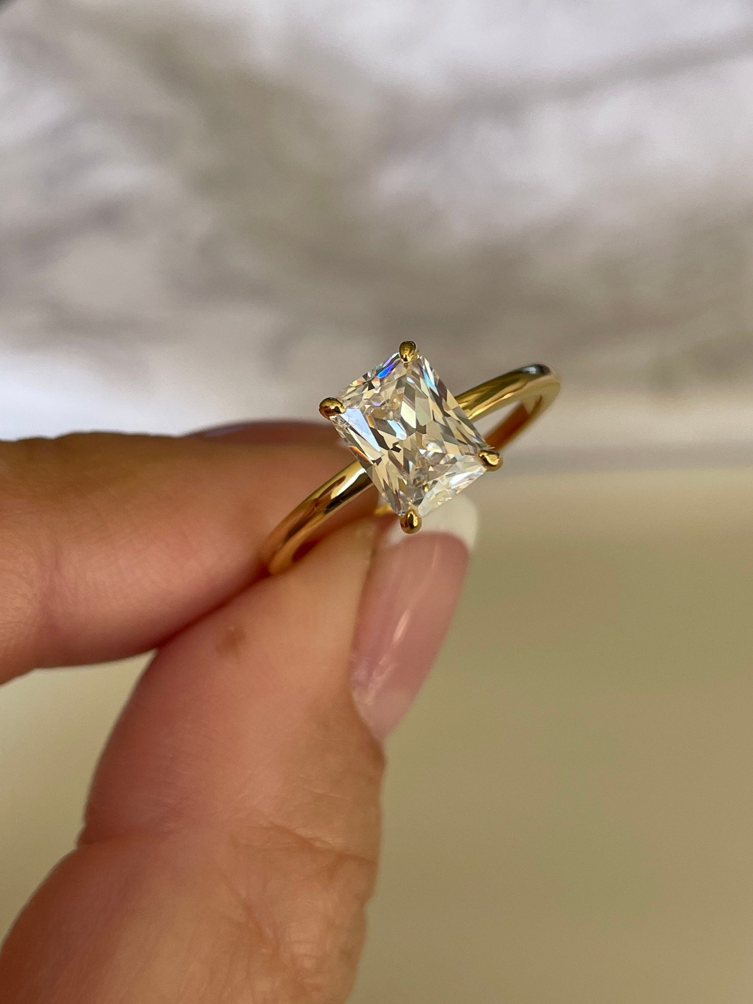 The Alessandra. Yellow Gold, White Gold, Rose Gold, Sterling Silver 925 Engagement Ring with the finest 2CT Radiant cut Moissanite