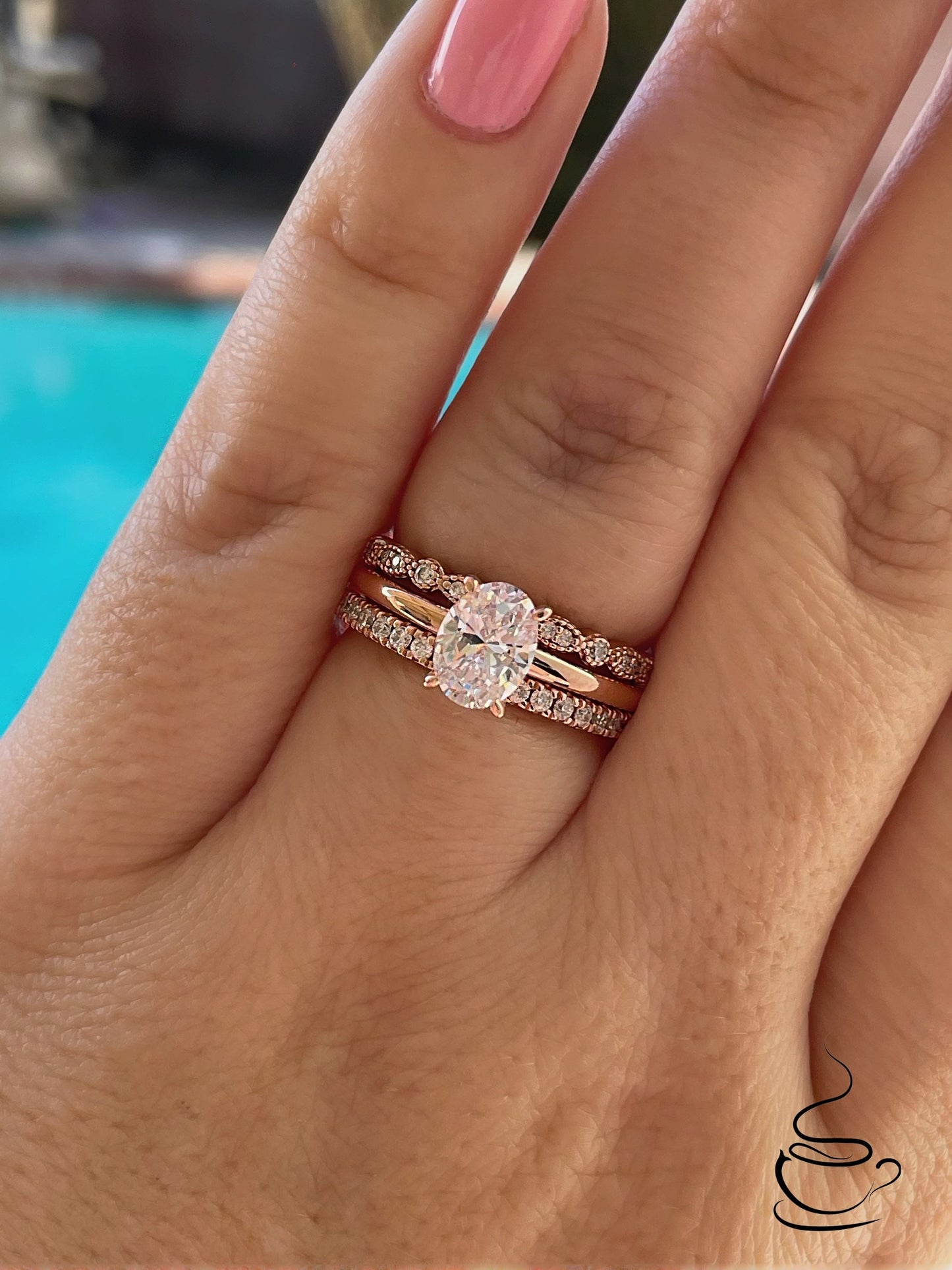Moissanite Art Deco Band and Half eternity band in Rose Gold Vermeil, wedding band, stacking rings, moissanite band