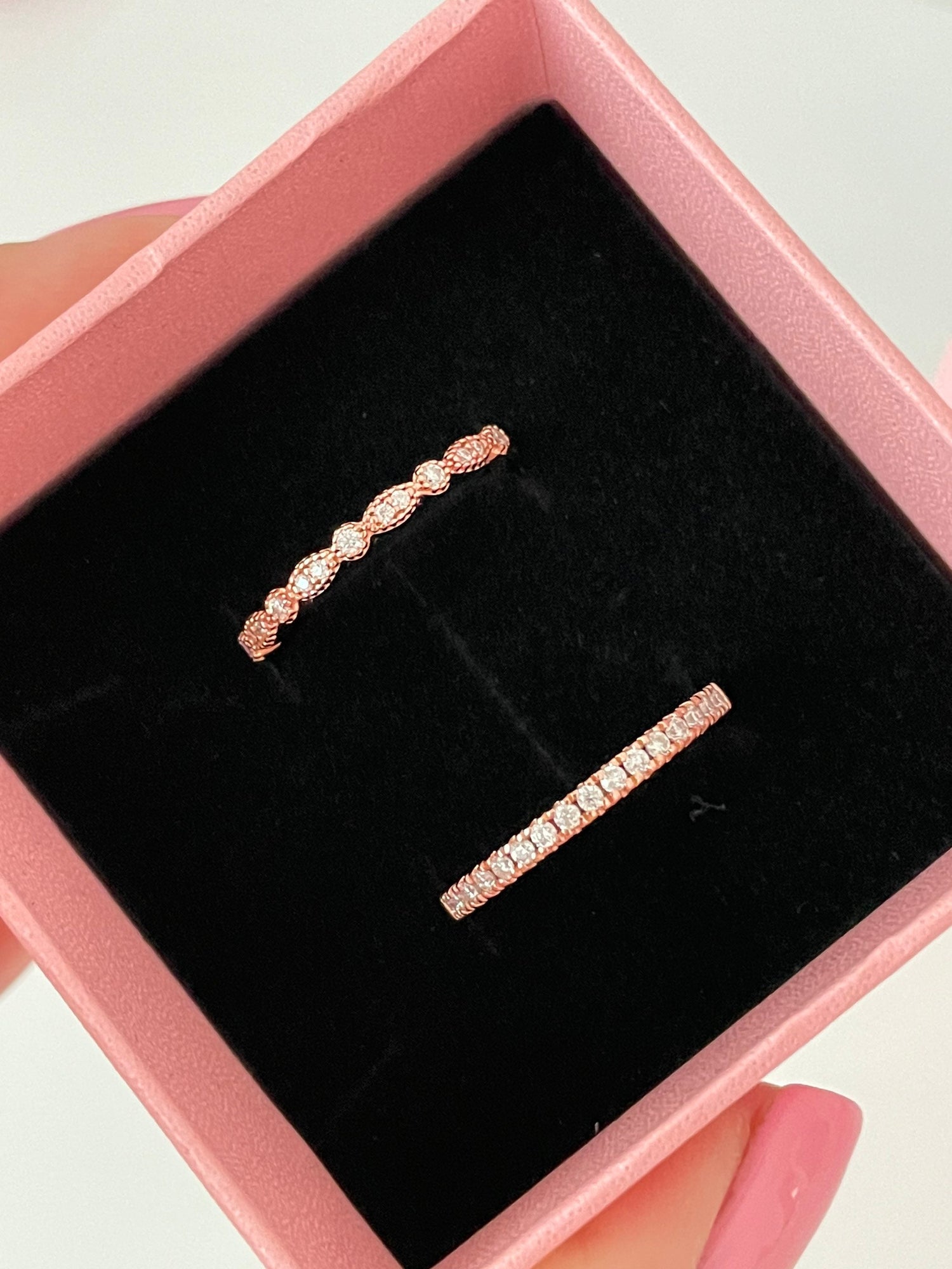 Moissanite Art Deco Band and Half eternity band in Rose Gold Vermeil, wedding band, stacking rings, moissanite band