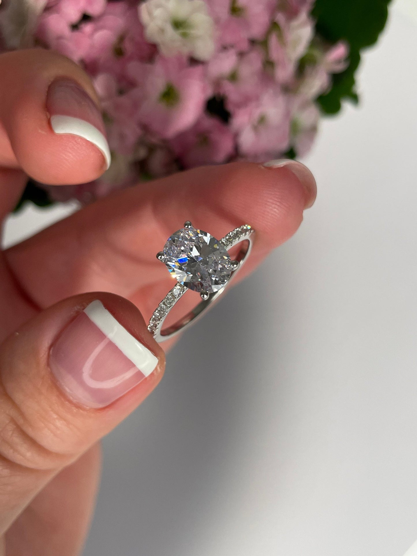 The Olivia. 2CT Oval Cut Engagement Ring in Sterling Silver 925 with moissanite or CZ diamonds