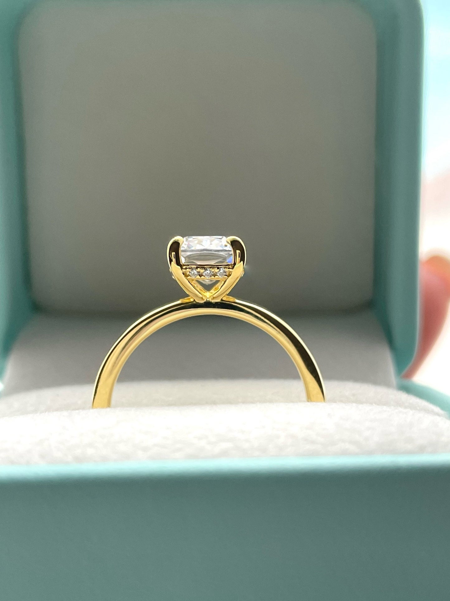 The Madison. Hidden halo. Sterling Silver 925, Yellow Gold over Sterling Silver 925, 2.5CT elongated cushion cut engagement ring.