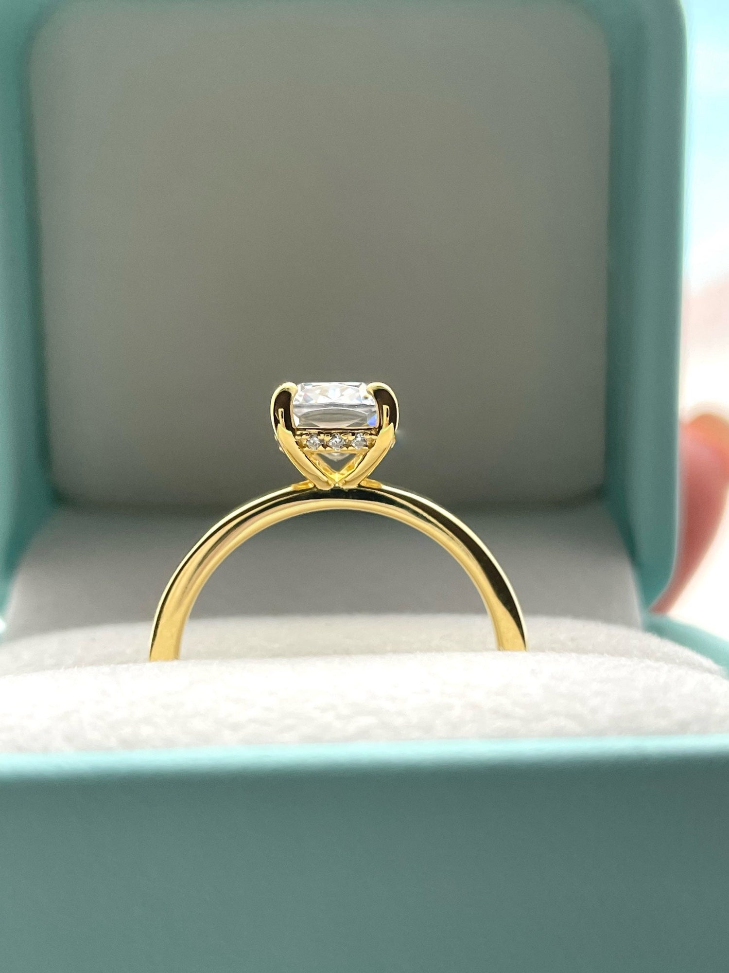 The Madison. Hidden halo. Sterling Silver 925, Yellow Gold over Sterling Silver 925, 2.5CT elongated cushion cut engagement ring.