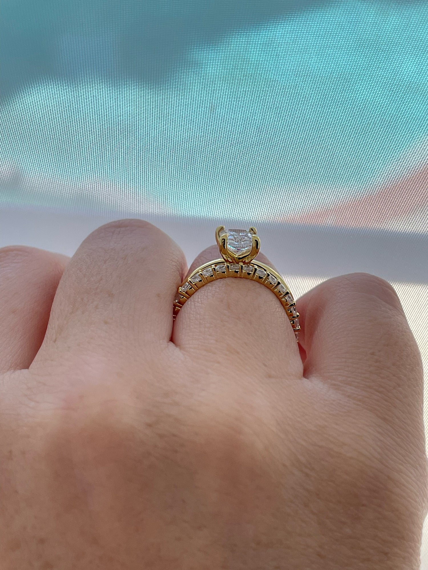Yellow Gold over Sterling Silver 925 Bridal Set with 2CT Radiant Cut Solitare and half eternity band, engagement ring, travel ring