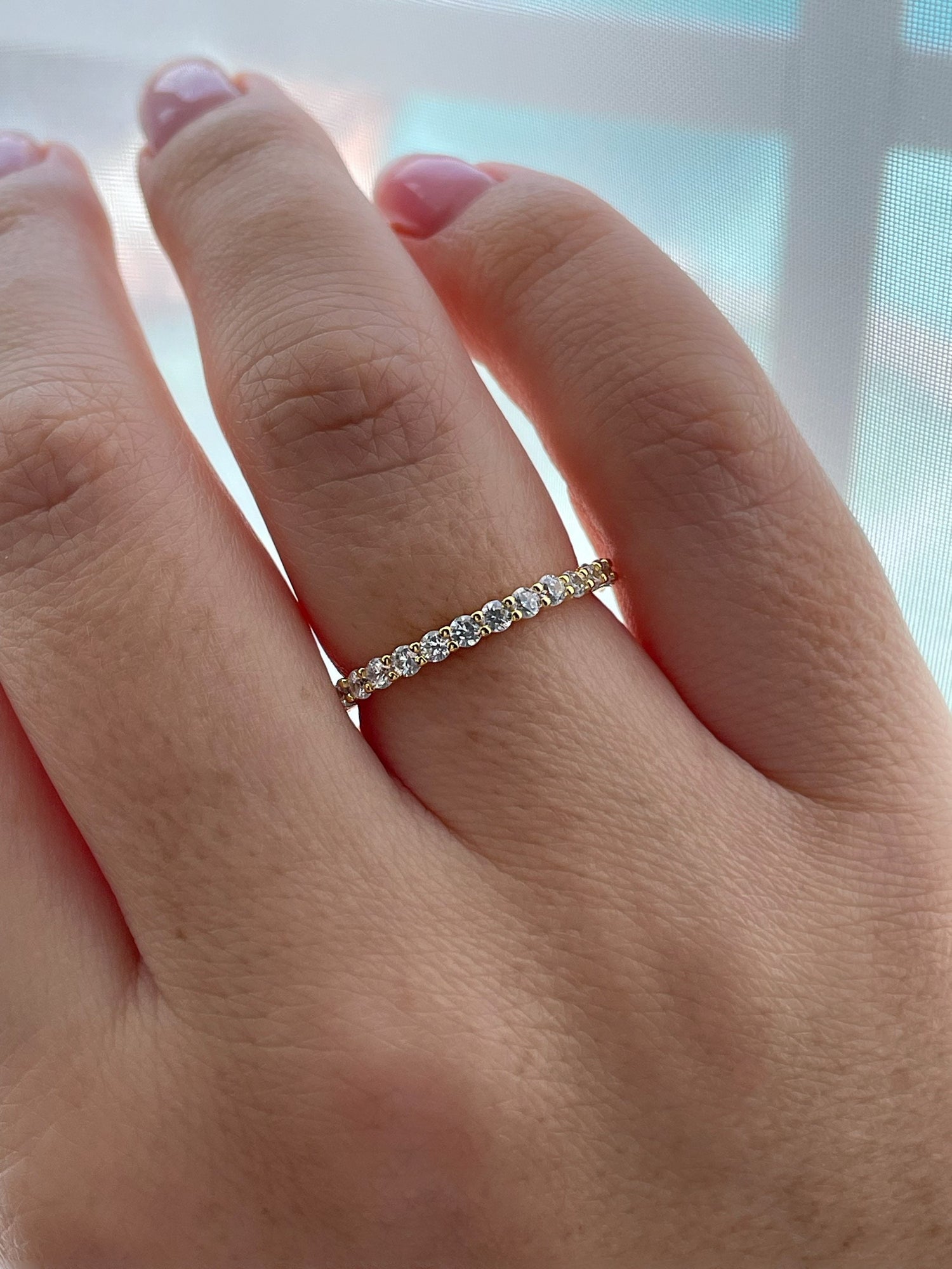 Yellow gold vermeil band, rose gold vermeil, Sterling Silver 925 2mm half eternity band with the Finest Simulated Diamonds, wedding band