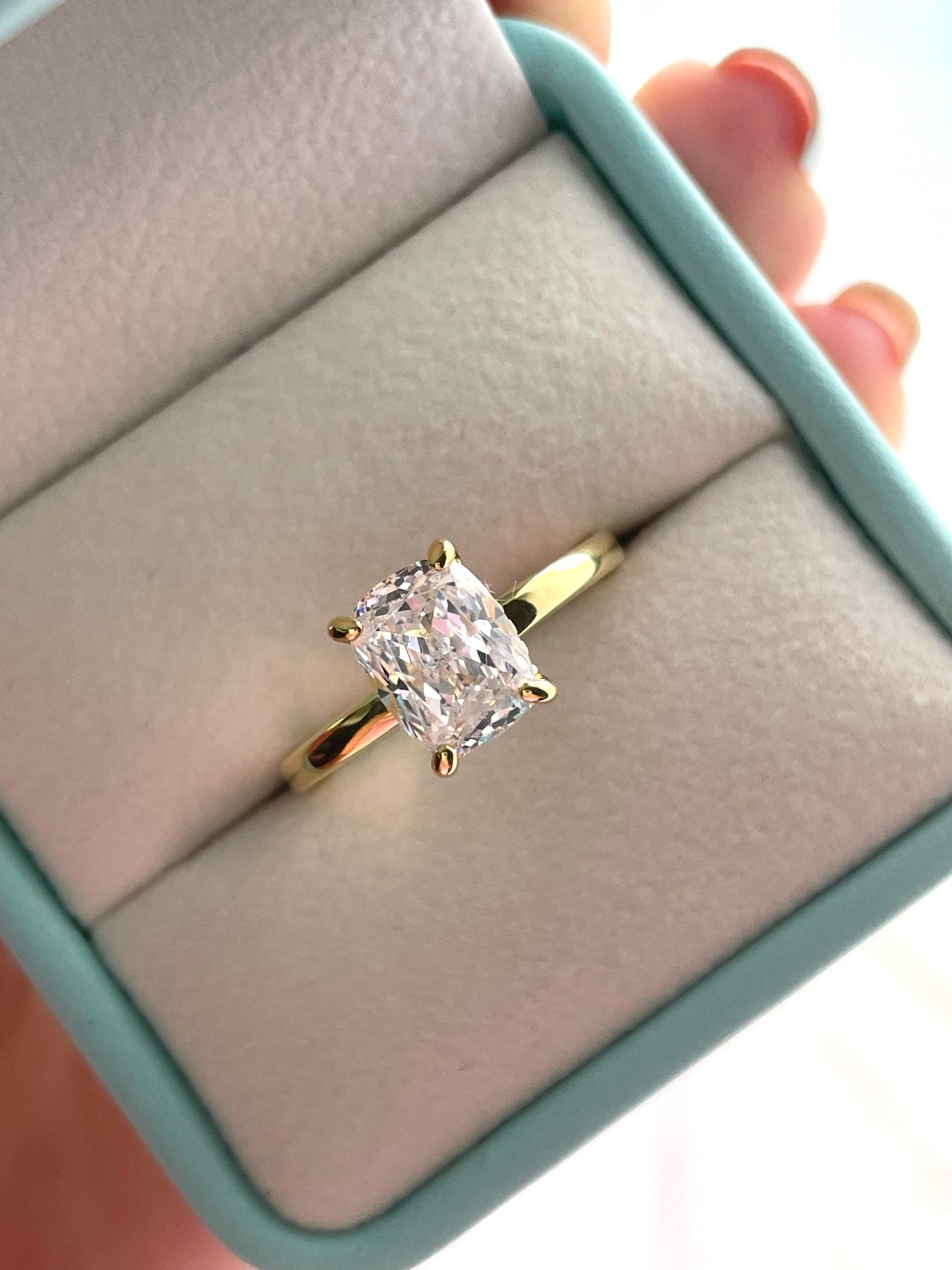 Sterling Silver 925, Yellow gold vermeil Bridal Set with 2.5 Elongated Simulated Diamond Cushion Cut engagement ring and half eternity band.