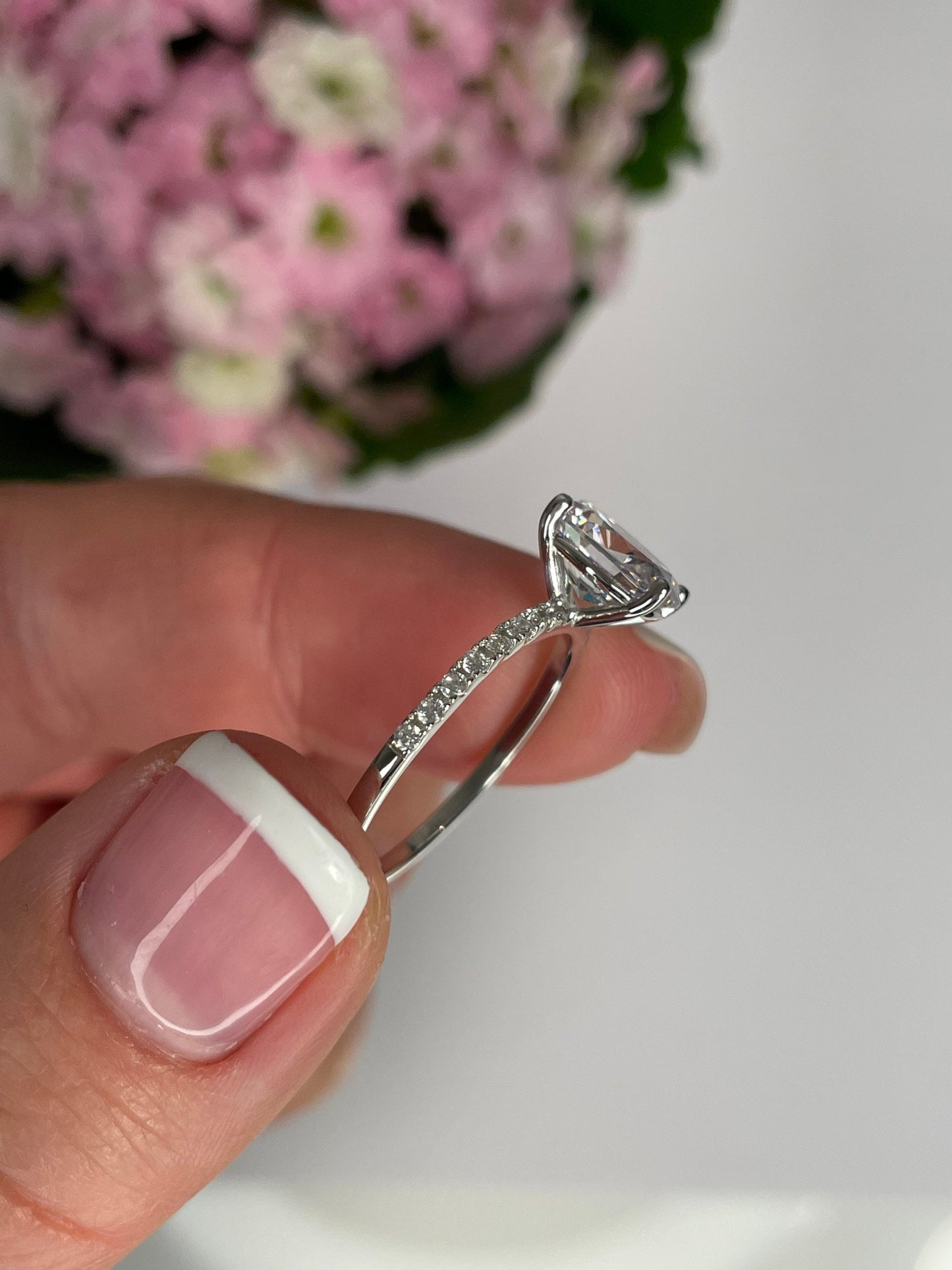 The Olivia. Sterling Silver 925, 10K, 14K, 18K Gold 2CT Oval Cut Engagement Ring with the finest crispy clear Moissanite