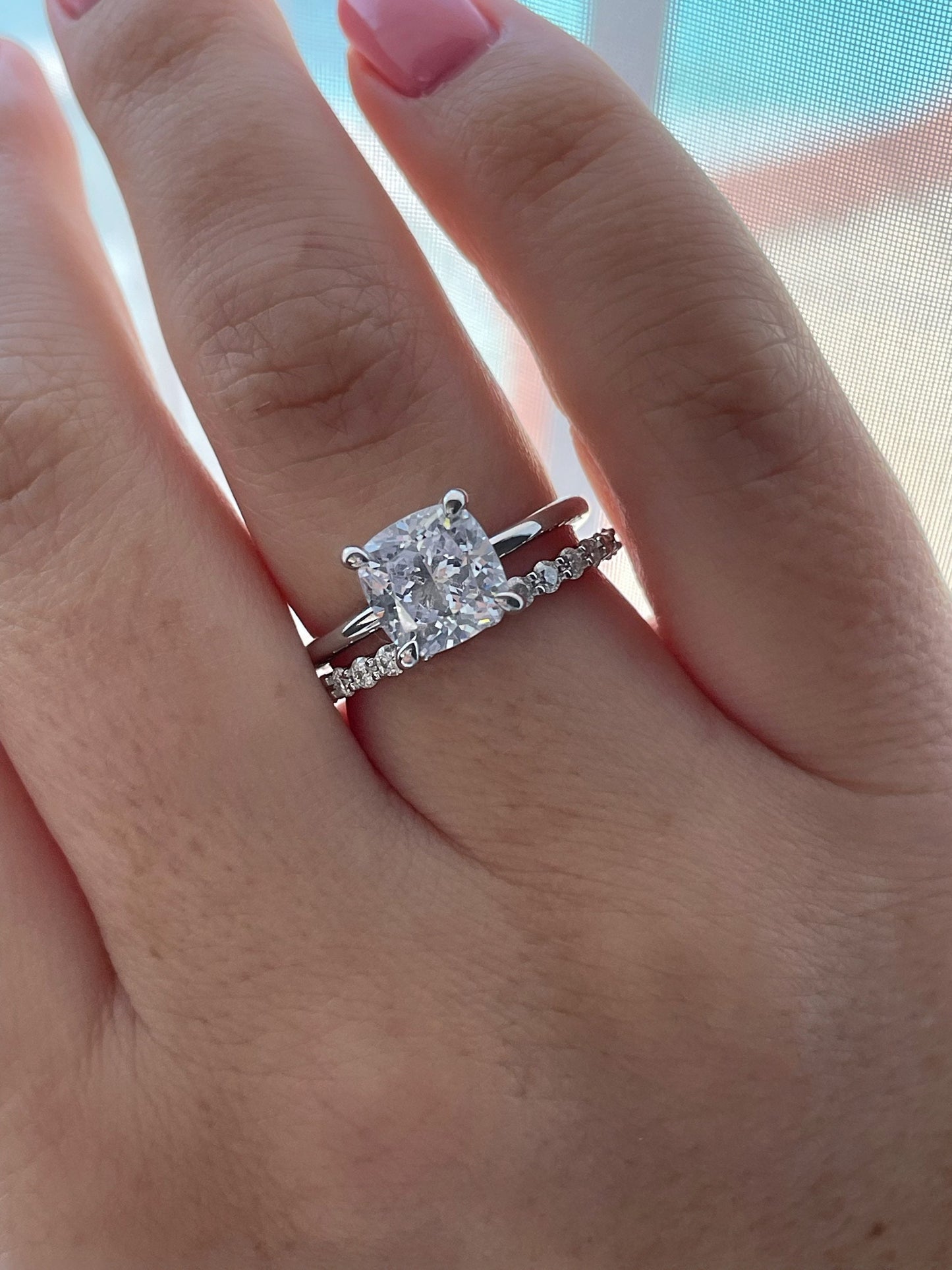 Sterling Silver 925 Bridal Set with 3CT Cushion Cut Solitare and eternity band, engagement ring