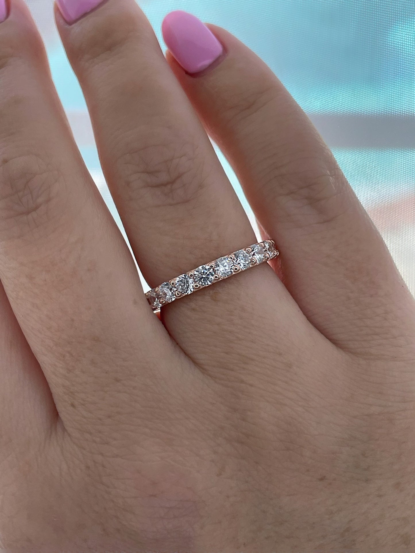 The Scarlett. Rose Gold, Yellow Gold, White Gold, Sterling Silver 925 full eternity band with the Finest VVS D Moissanite