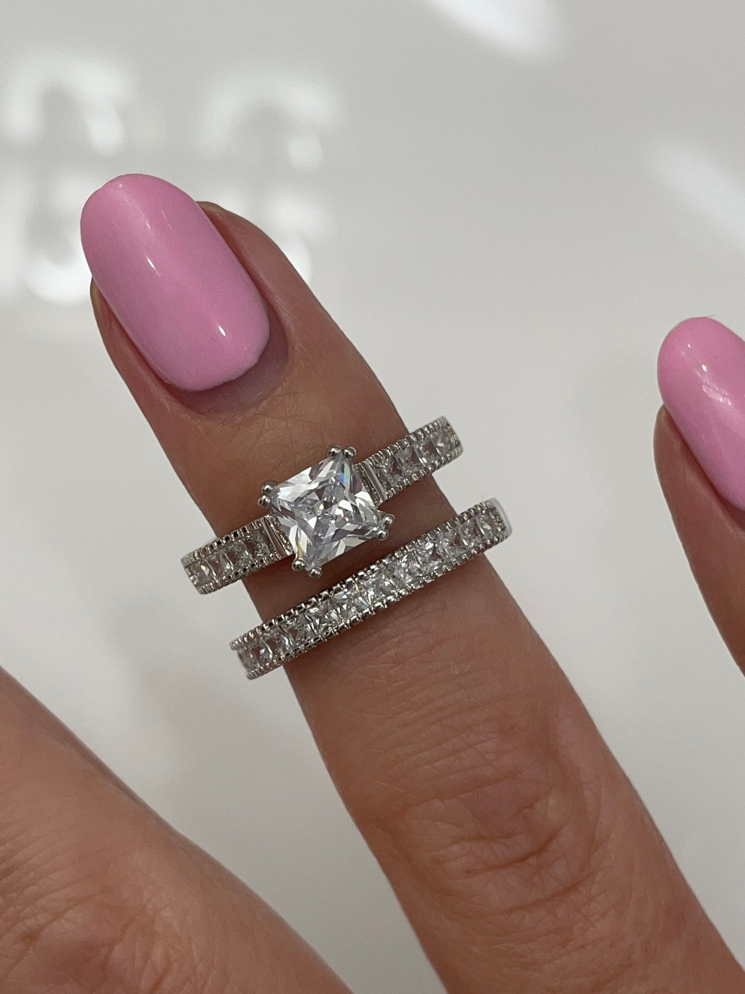 Sterling Silver 925 Bridal Set with simulated diamonds, Princess cut