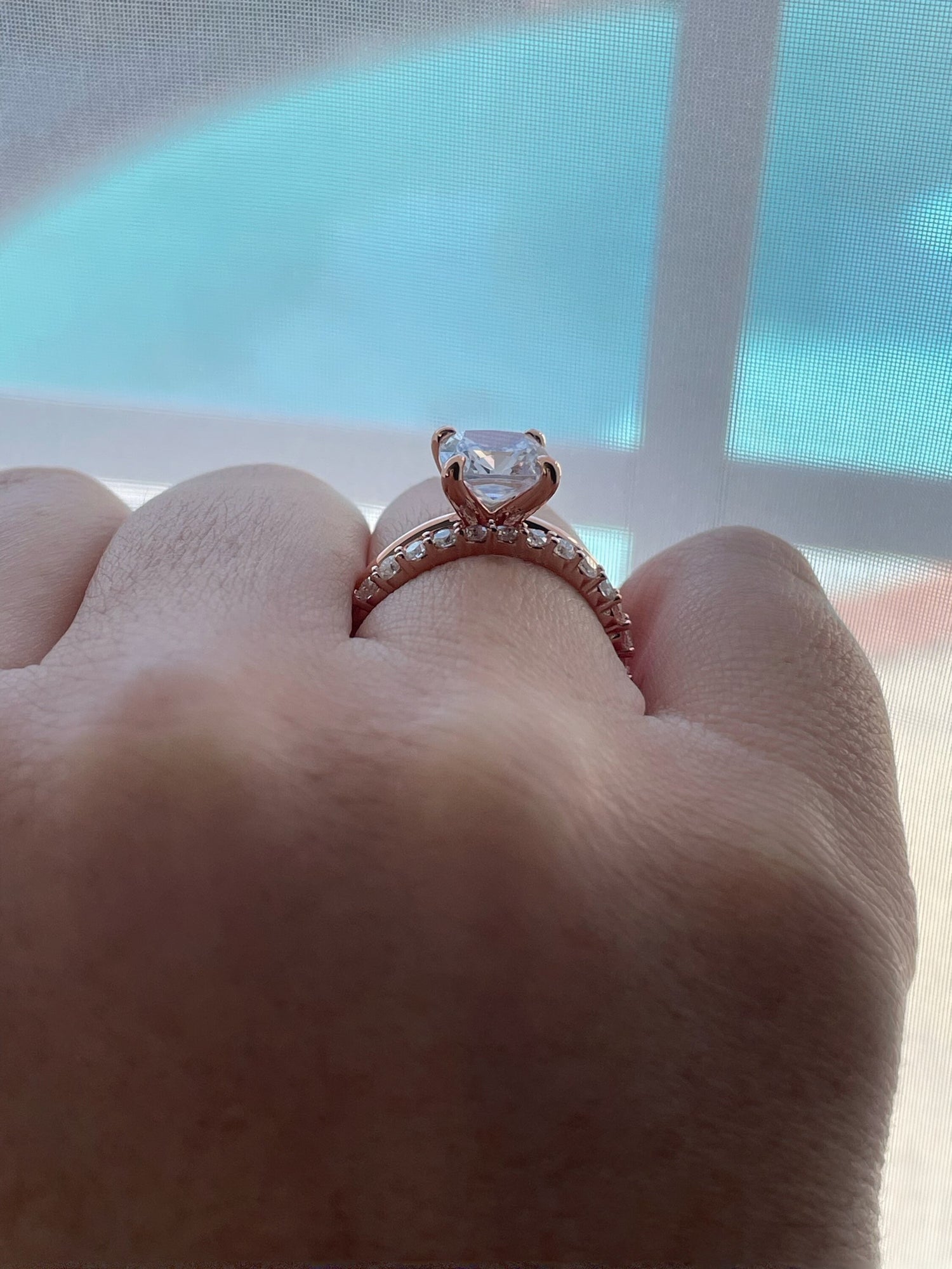 Rose Gold, yellow gold, white gold over Sterling Silver 925 Bridal Set with 3CT Cushion Cut Solitare engagement ring and half eternity band.