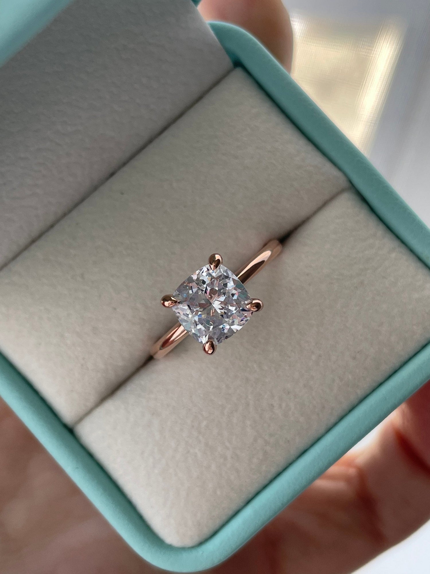 Rose Gold, yellow gold, white gold over Sterling Silver 925 Bridal Set with 3CT Cushion Cut Solitare engagement ring and half eternity band.