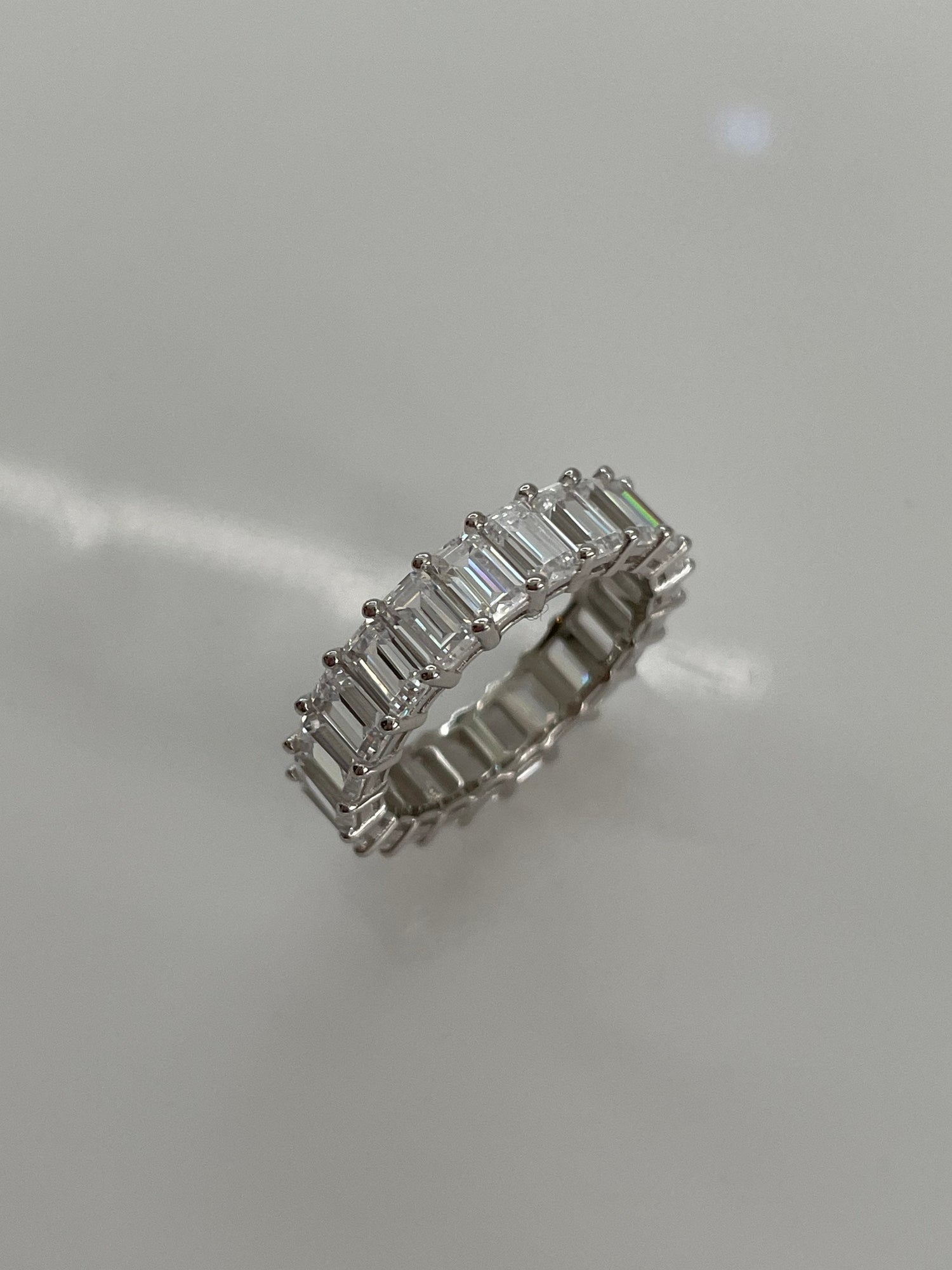 Sterling Silver 925 4mm full eternity band with emerald cut simulated diamonds, wedding band