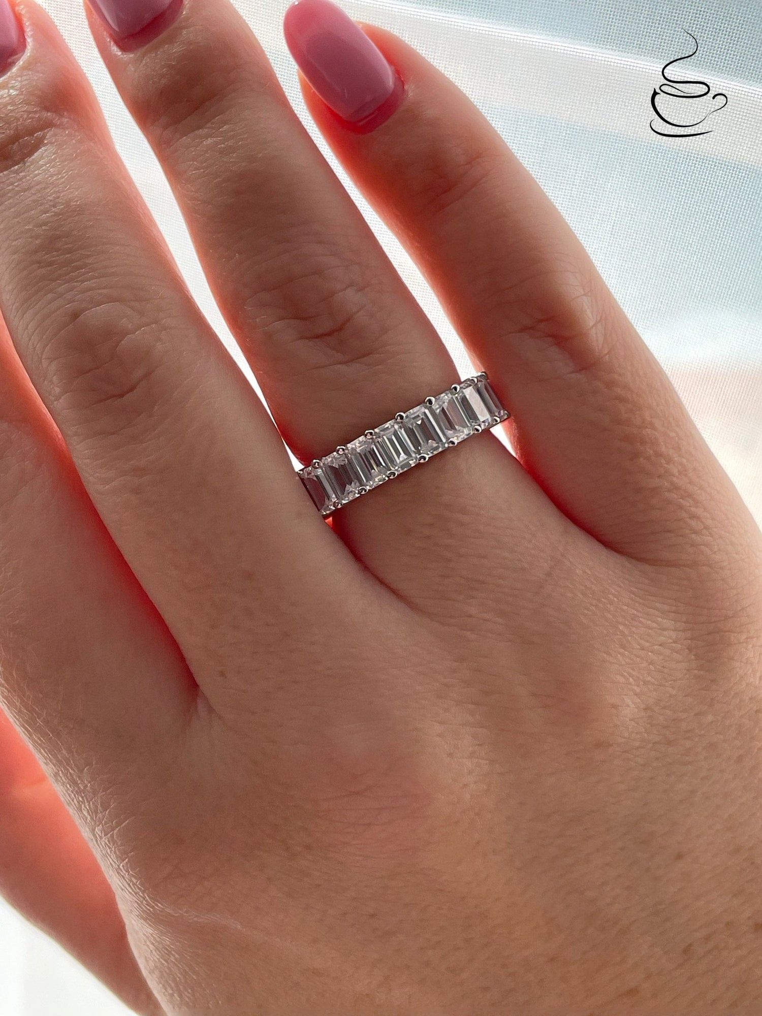 Sterling Silver 925 4mm full eternity band with emerald cut simulated diamonds, wedding band