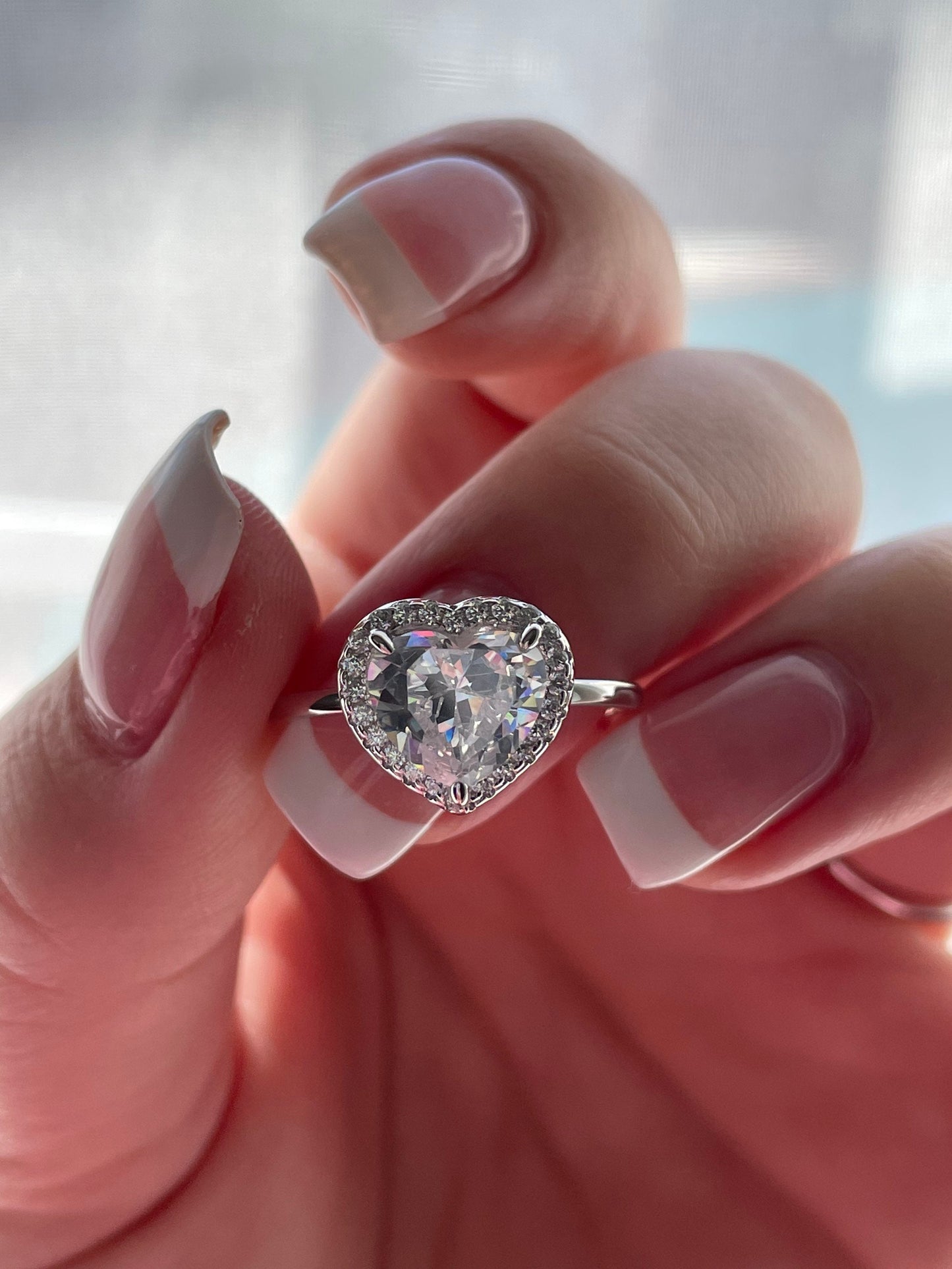 Sterling Silver Heart Ring: 4CT CZ Diamond Halo, Promise Ring
