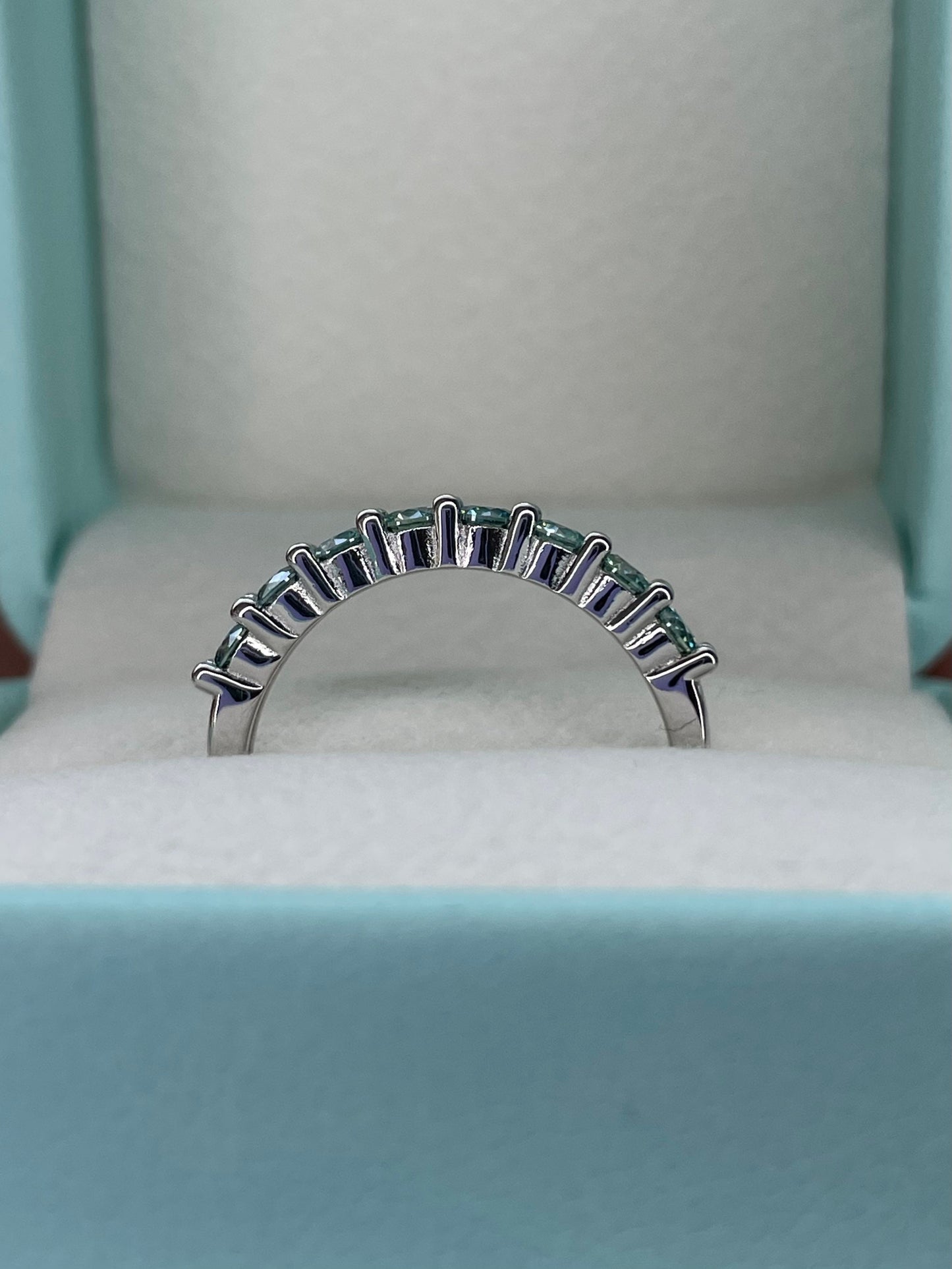Aqua Blue Moissanite ring. Sterling silver 925 half eternity band with Aqua Blue Moissanite
