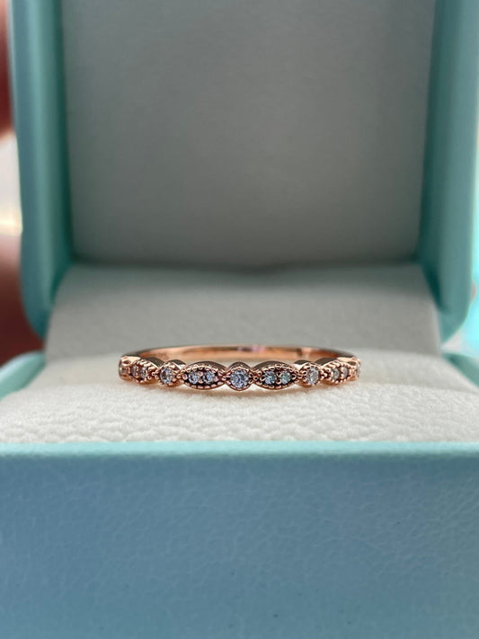 Moissanite. Milgrain Marquese and dot half eternity band with round brilliant cut moissanites in Sterling Silver or Rose Gold Vermeil