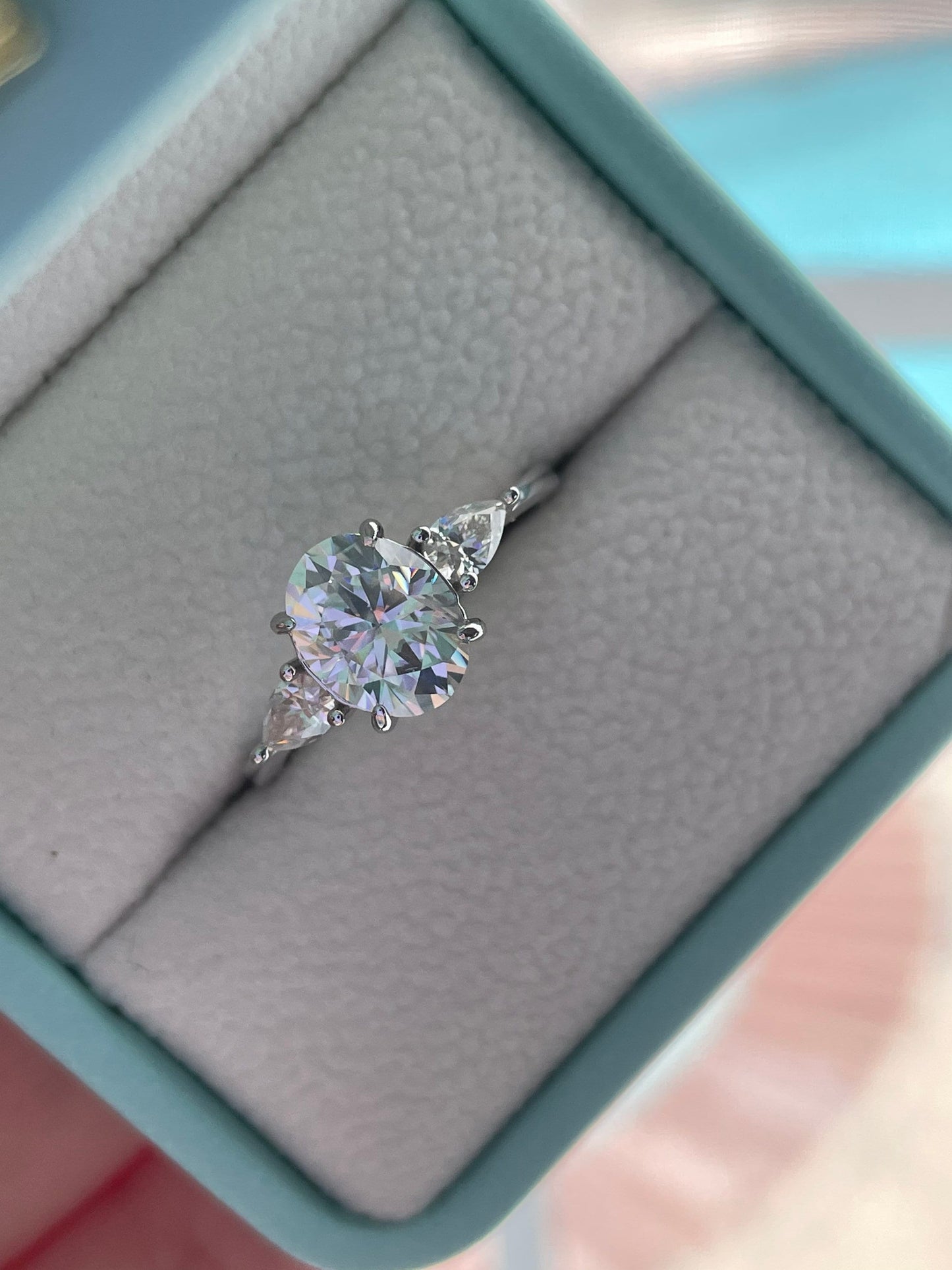 Moissanite engagement ring 10K, 14K Gold three stone engagement ring with 2CT D VVS oval cut moissanite stone