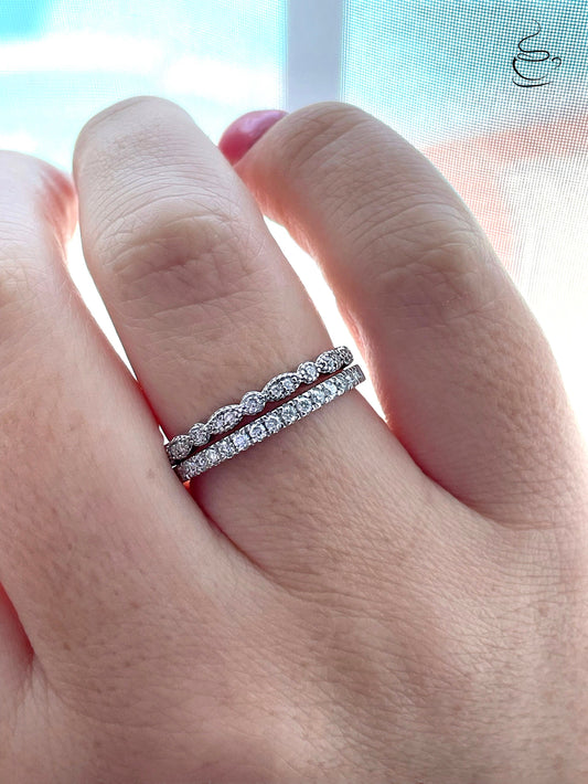 Moissanite Art Deco Band and Half eternity band in Sterling Silver 925, wedding band, stacking rings