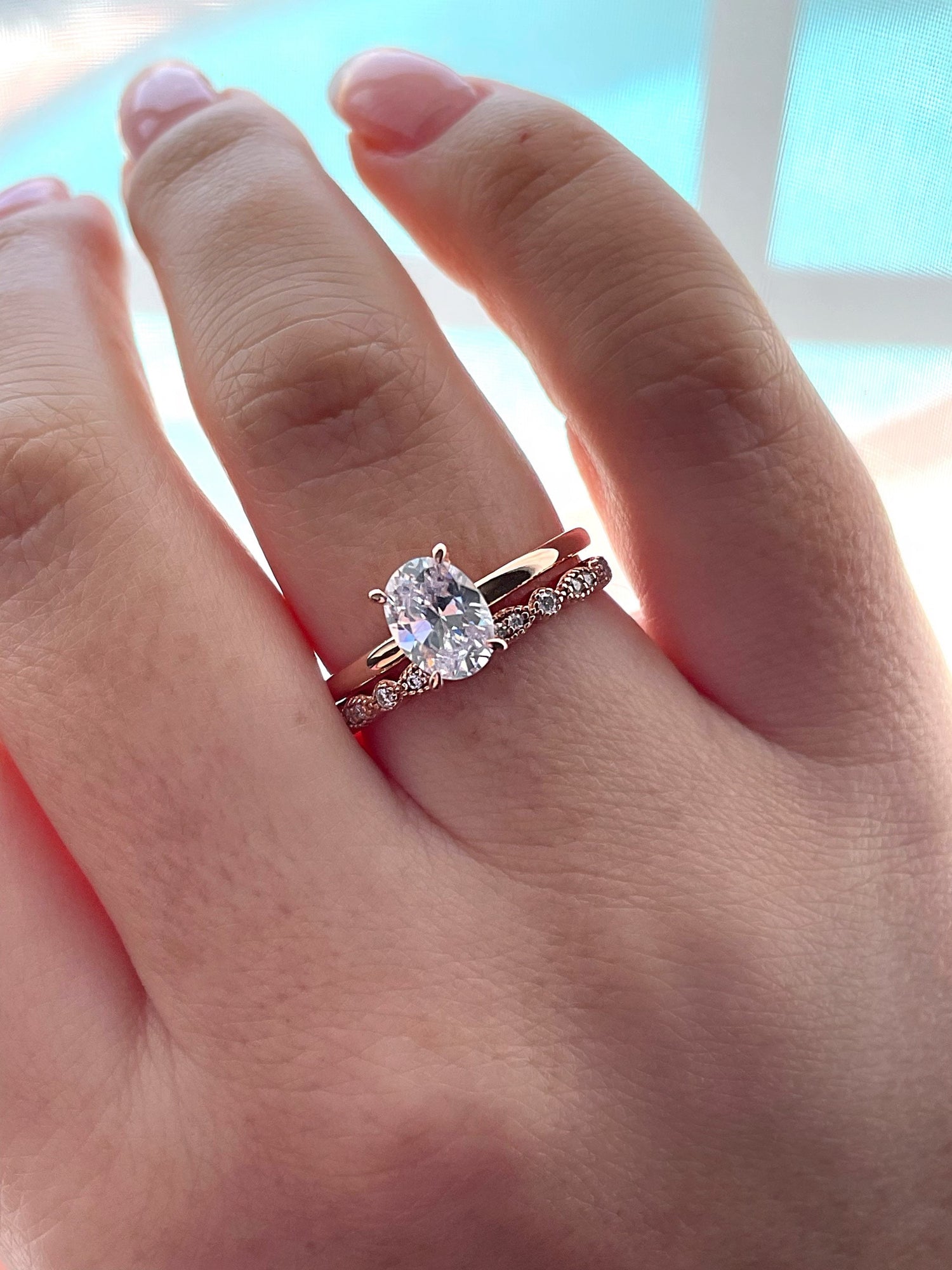 Moissanite. Milgrain Marquese and dot half eternity band with round brilliant cut moissanites in Sterling Silver or Rose Gold Vermeil