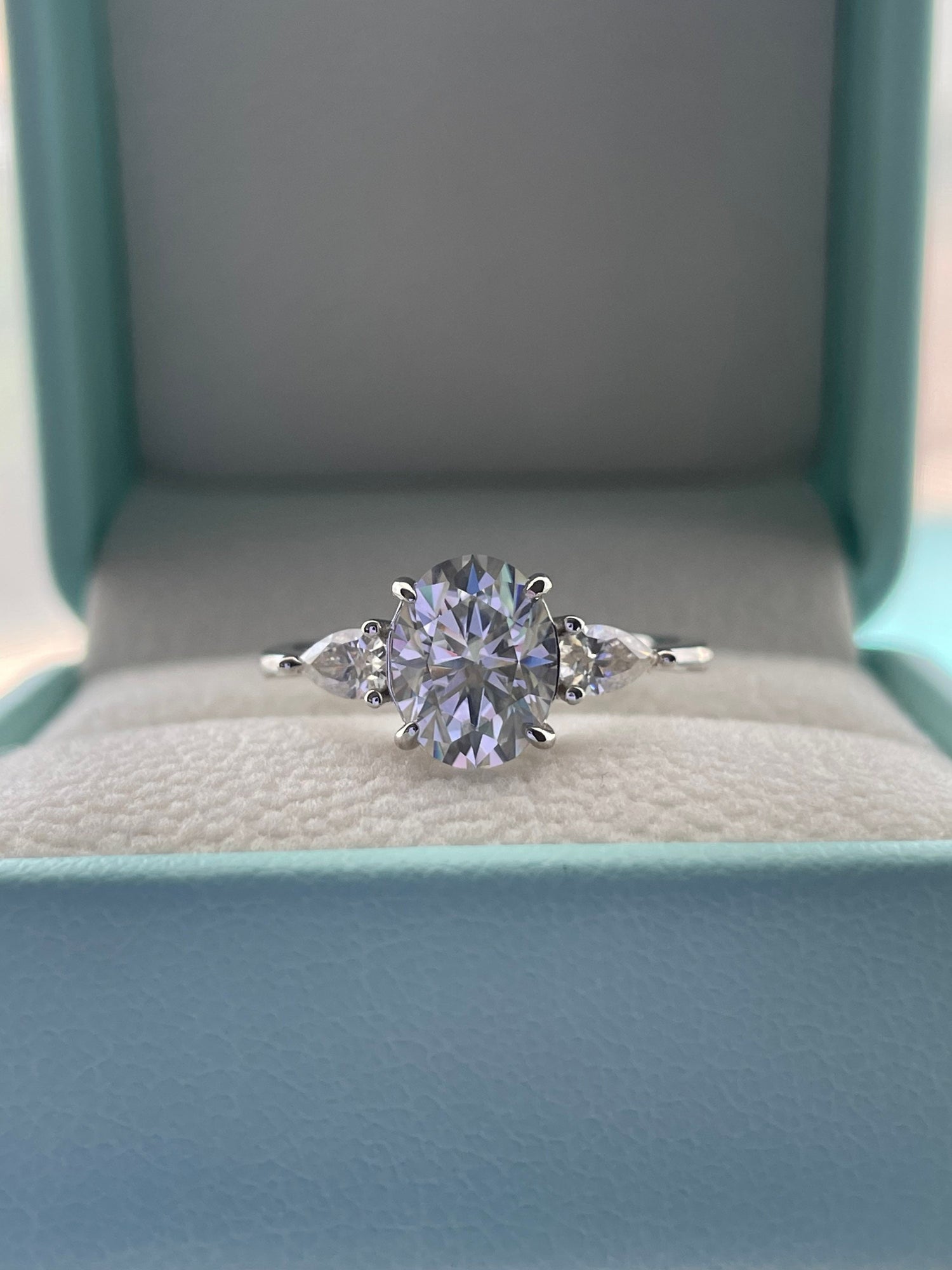 Moissanite engagement ring 10K, 14K Gold three stone engagement ring with 2CT D VVS oval cut moissanite stone
