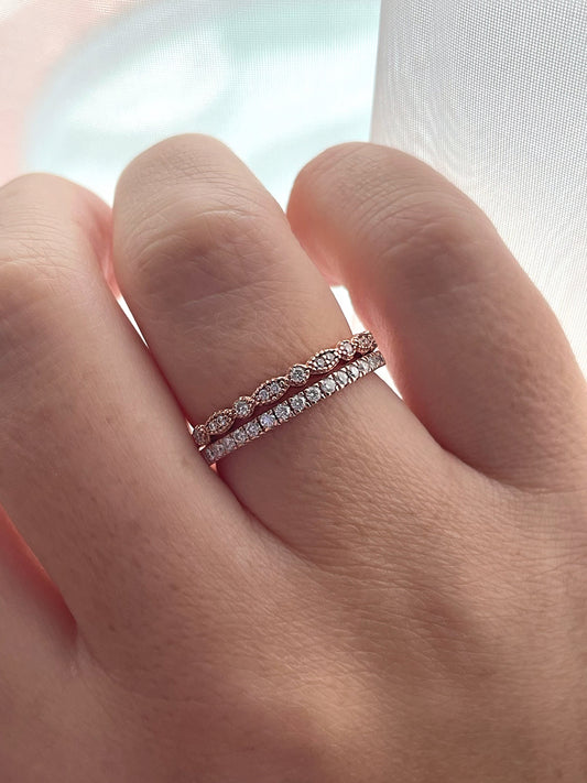 Moissanite Art Deco Band and Half eternity band in Rose Gold Vermeil, wedding band, stacking rings, moissanite band