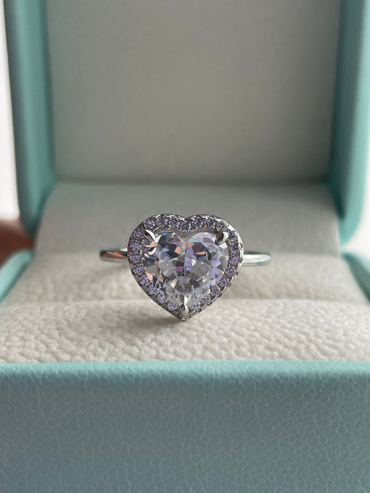 Sterling Silver Heart Ring: 4CT CZ Diamond Halo, Promise Ring