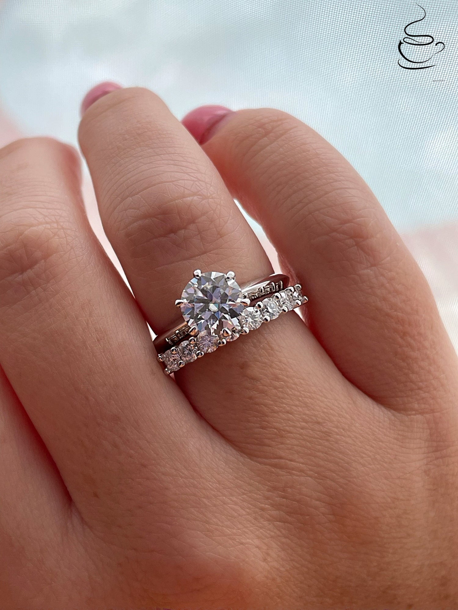 Moissanite engagement ring set. Sterling Silver 925 bridal set with 2CT round cut D VVS moissanite and half eternity Moissanite band
