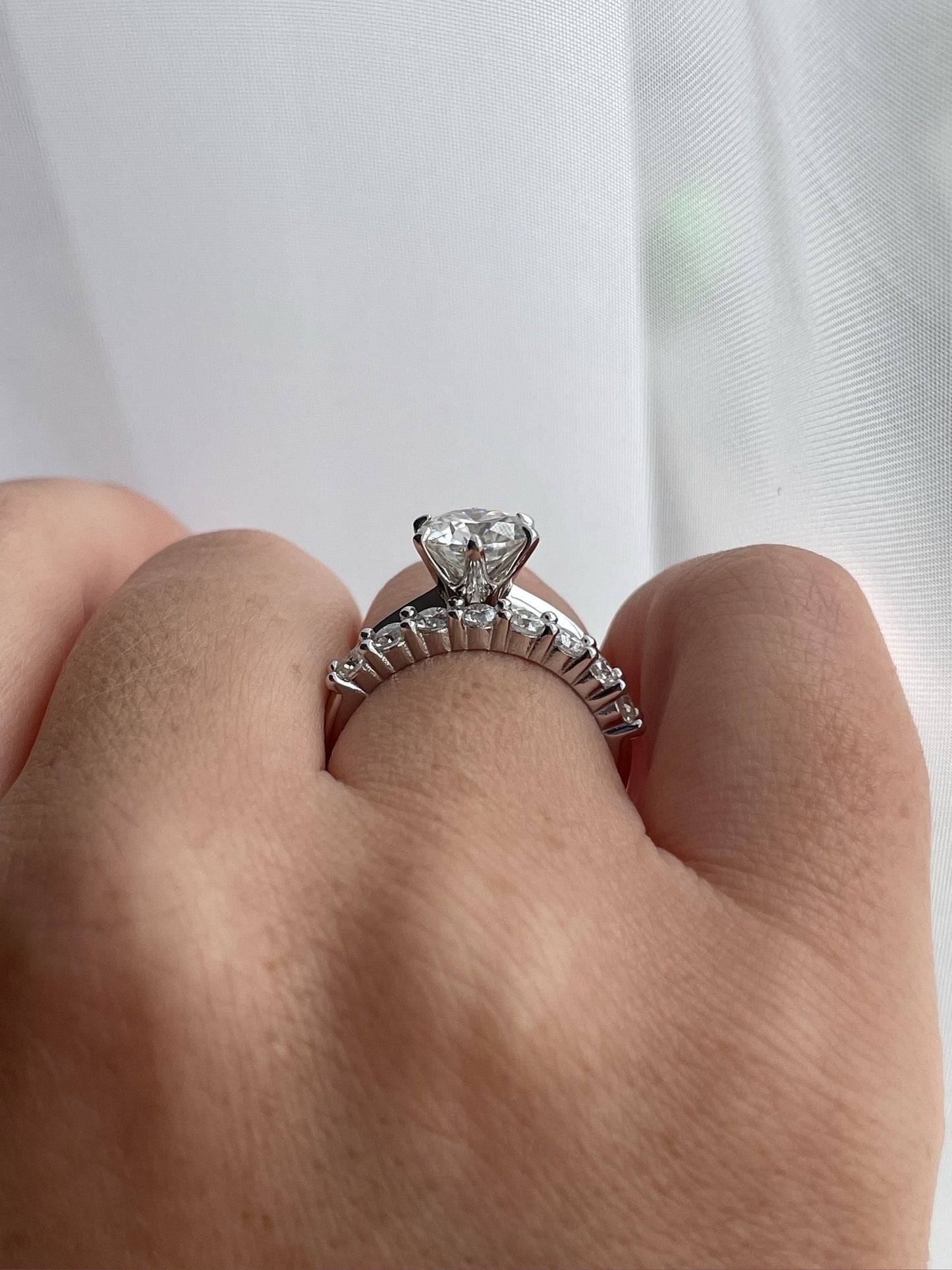 Moissanite engagement ring set. Sterling Silver 925 bridal set with 2CT round cut D VVS moissanite and half eternity Moissanite band