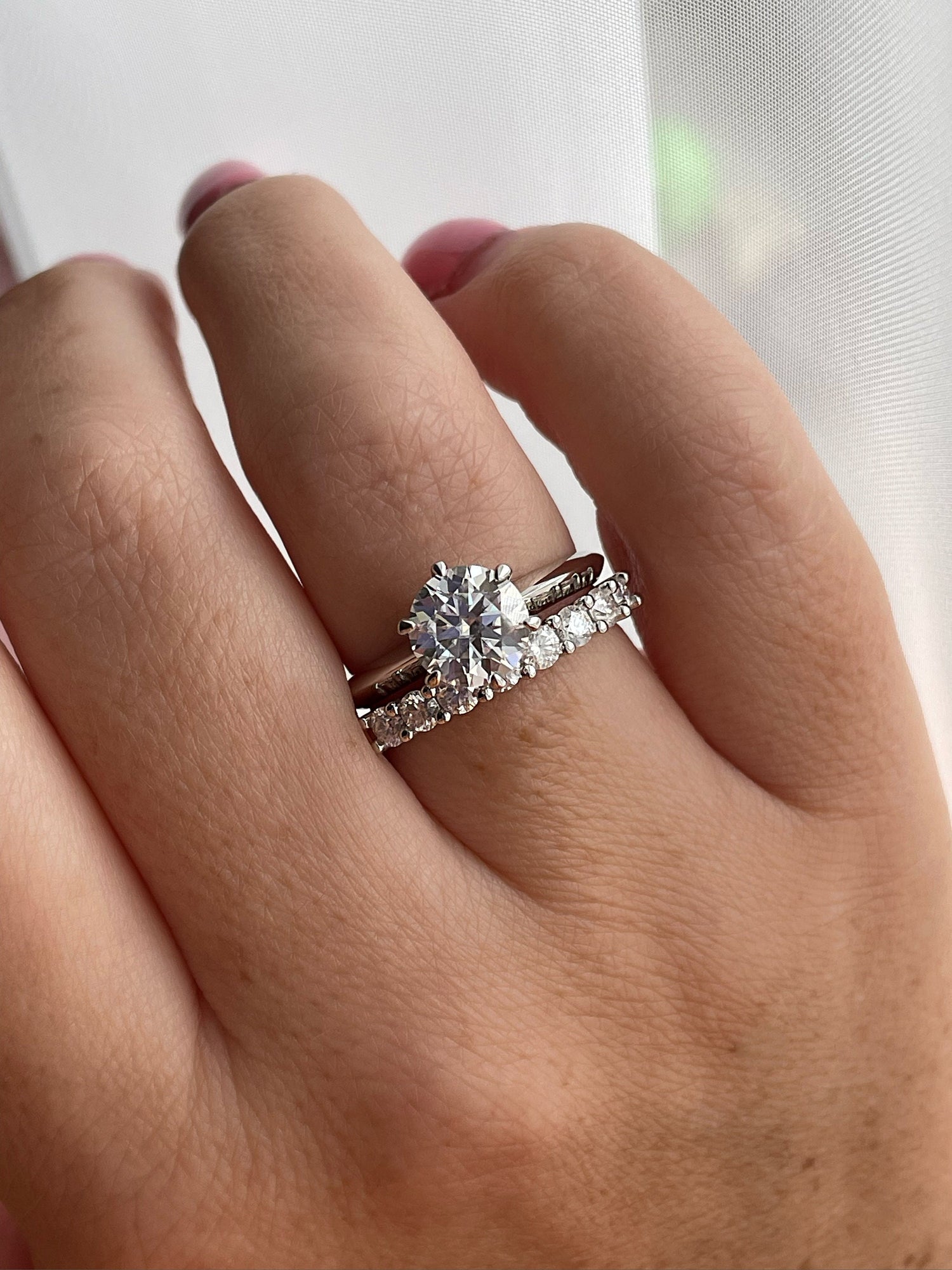 Moissanite engagement ring set. Sterling Silver 925 bridal set with 2CT round cut D VVS moissanite and half eternity Moissanite band