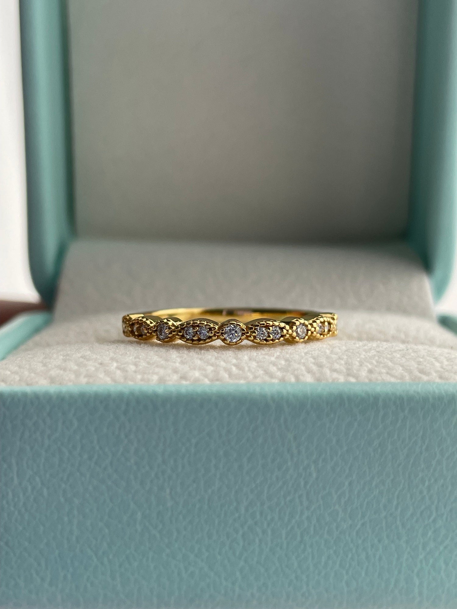 Moissanite. Milgrain Marquese and dot half eternity band with round brilliant cut moissanites in Sterling Silver or Rose Gold Vermeil