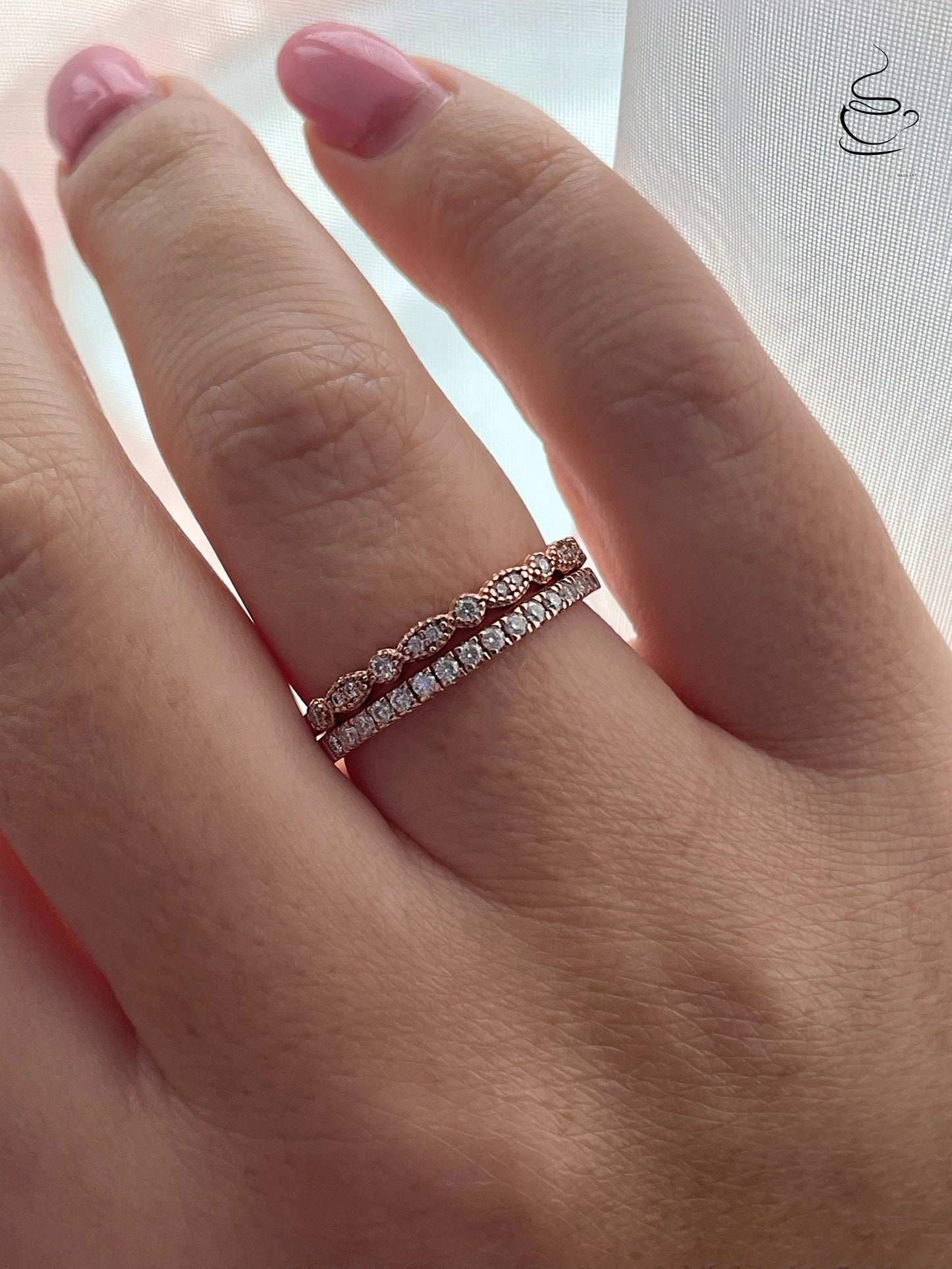 Moissanite Art Deco Band and Half eternity band in Rose Gold Vermeil, wedding band, stacking rings, moissanite band
