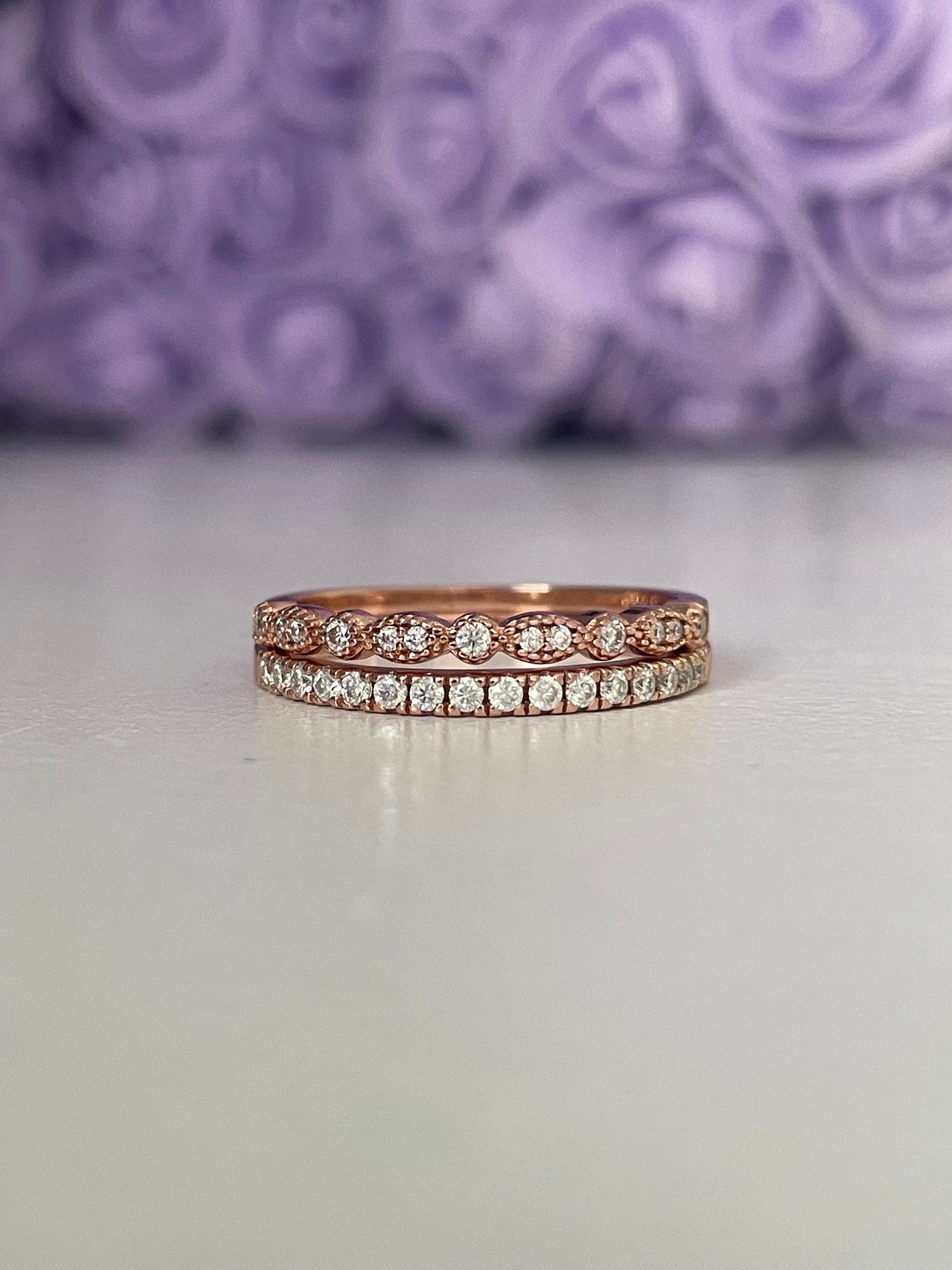 Moissanite Art Deco Band and Half eternity band in Rose Gold Vermeil, wedding band, stacking rings, moissanite band
