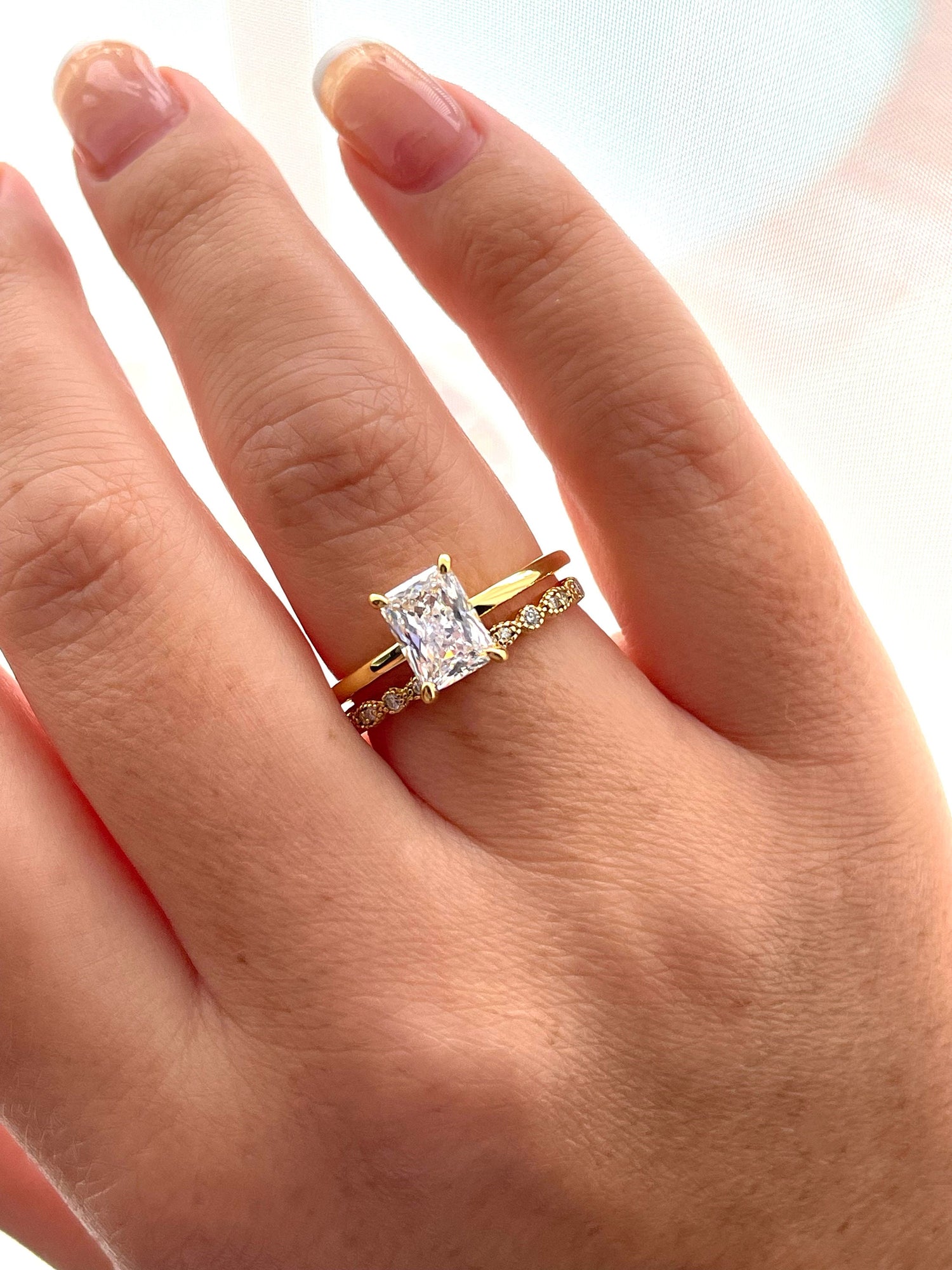 New In! Yellow gold vermeil bridal set with 2CT radiant cut solitaire and art deco half eternity Moissanite band