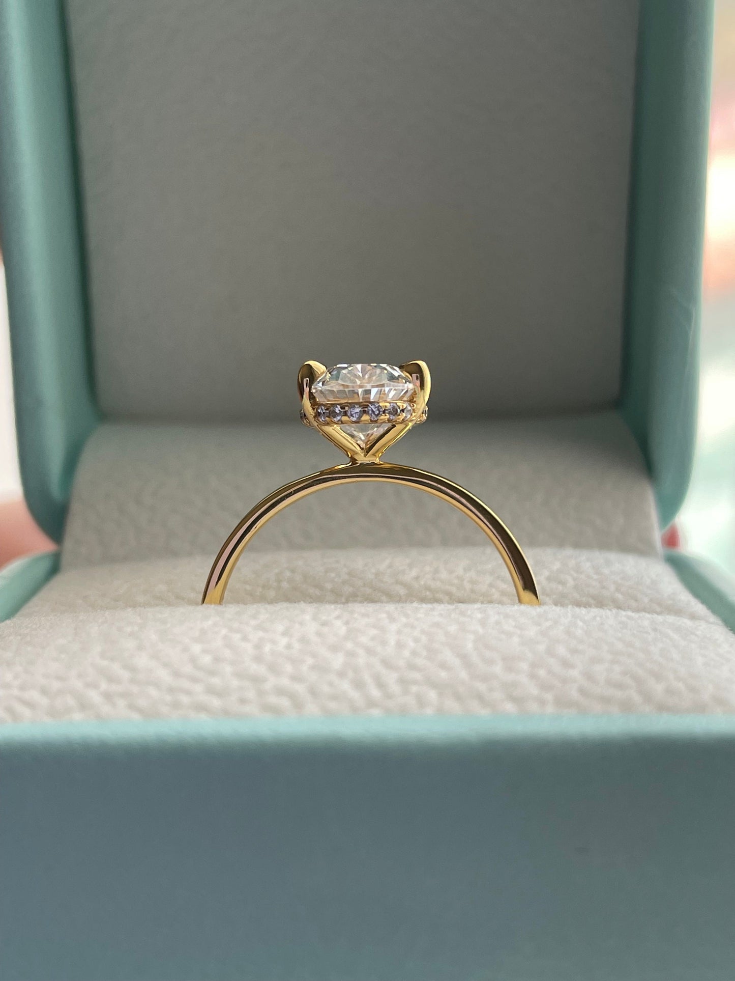 3.5CT Oval Cut Engagement Ring: Yellow Gold Vermeil, Hidden Halo, art deco moisssnite band