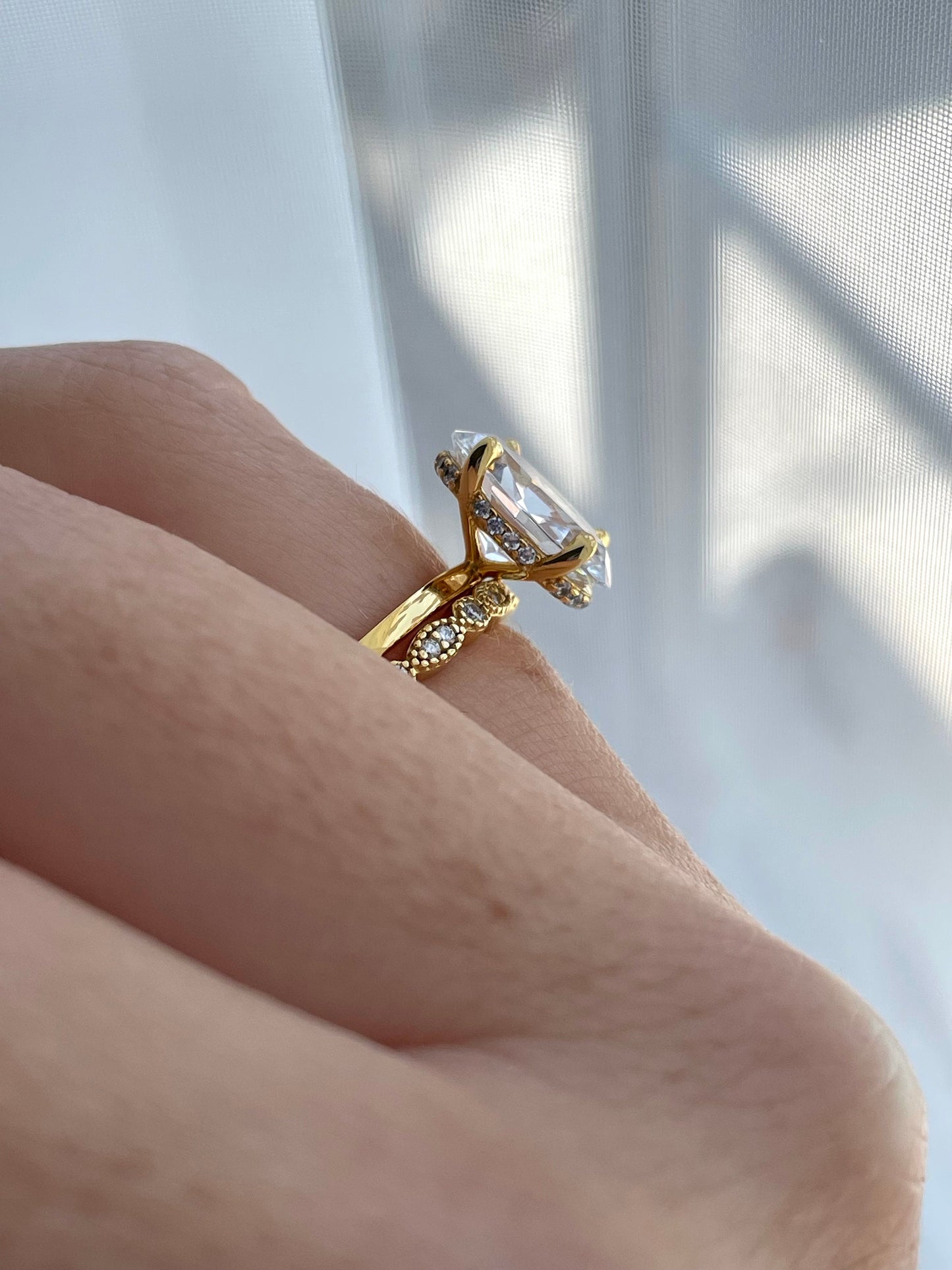 3.5CT Oval Cut Engagement Ring: Yellow Gold Vermeil, Hidden Halo, art deco moisssnite band