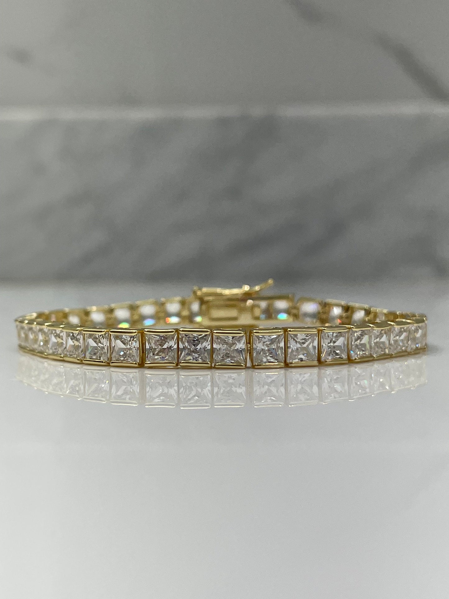 18K Yellow Gold Vermeil Tennis Bracelet with the Finest princess cut 5A CZ Diamonds