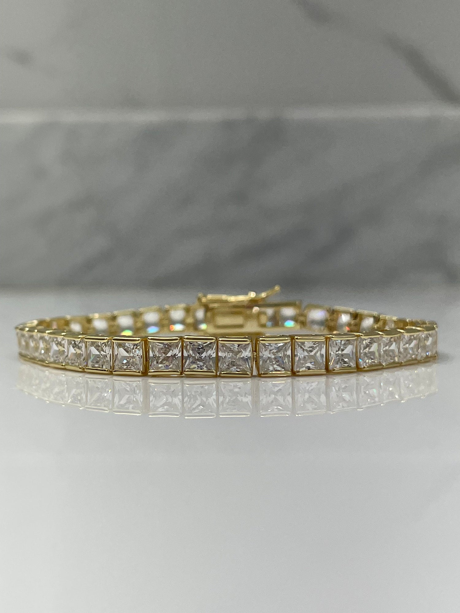 18K Yellow Gold Vermeil Tennis Bracelet with the Finest princess cut 5A CZ Diamonds