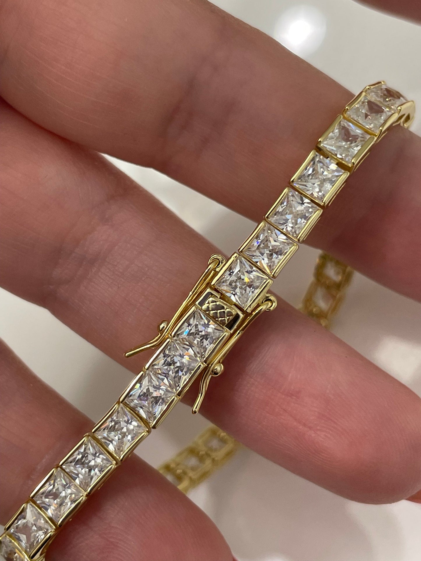 18K Yellow Gold Vermeil Tennis Bracelet with the Finest princess cut 5A CZ Diamonds