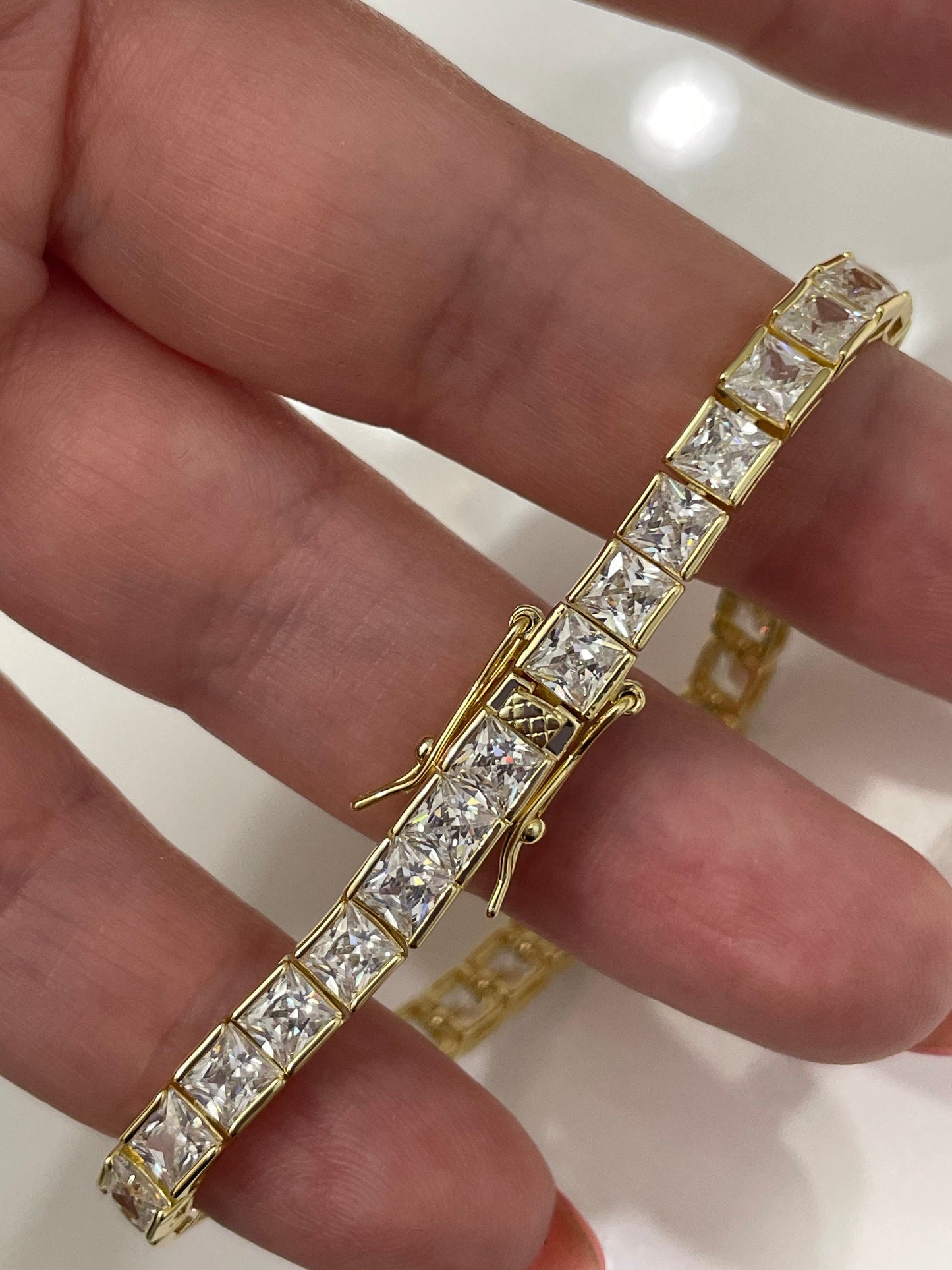 18K Yellow Gold Vermeil Tennis Bracelet with the Finest princess cut 5A CZ Diamonds