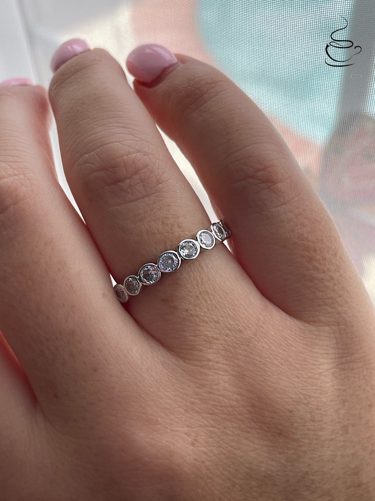 The Sloan. Sterling Silver 925 3.5mm Bezel Eternity Band With CZ Diamonds