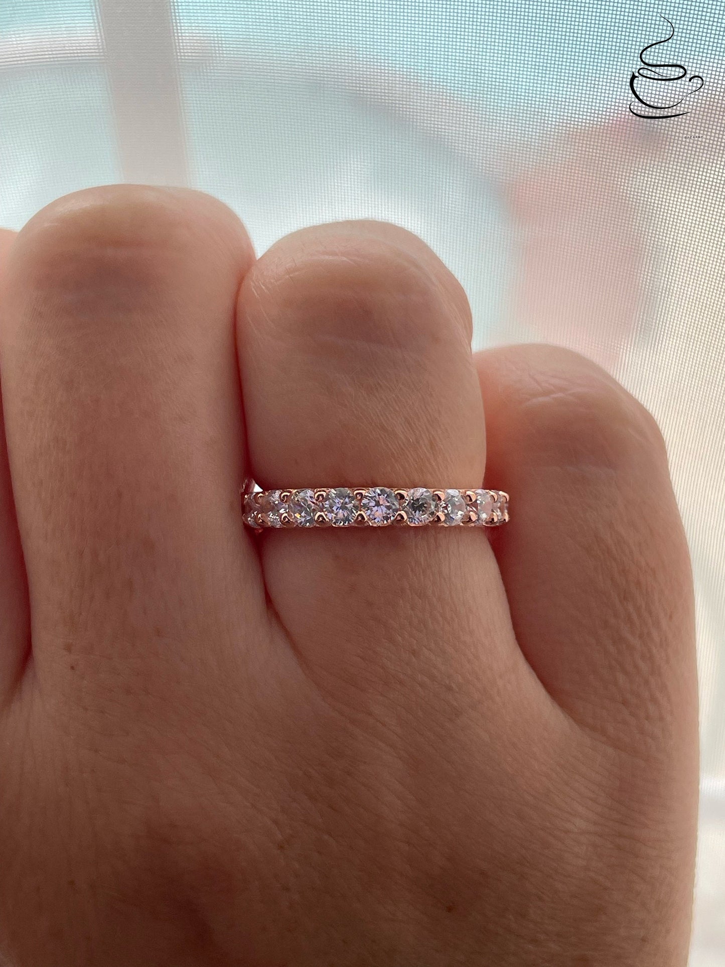 The Scarlett 3mm.Rose Gold, yellow gold, white gold over sterling silver 3mm full eternity band with the finest simulated diamonds.
