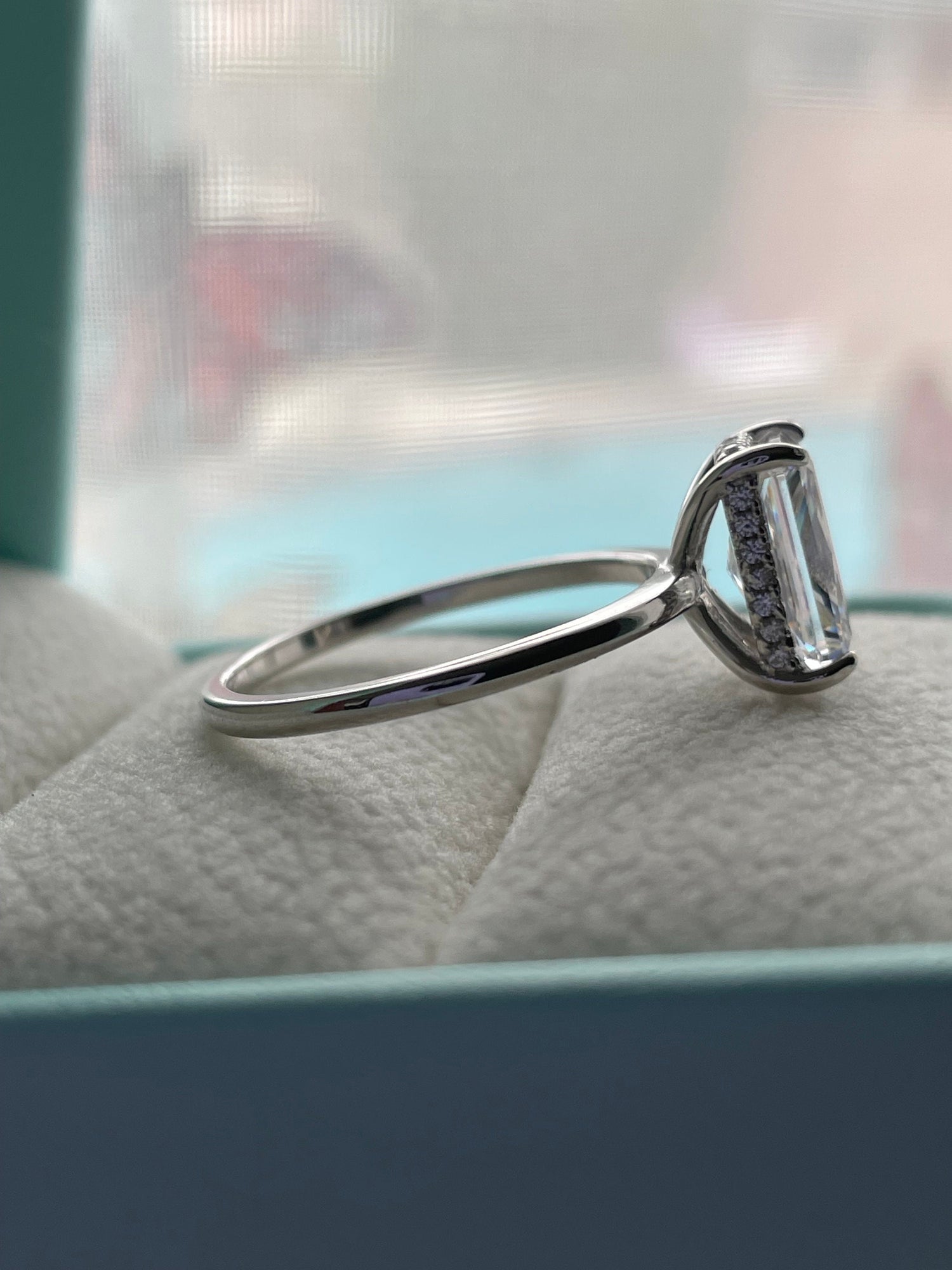 The Grace. Hidden halo. Sterling Silver 925 engagement ring with 2CT, 3CT radiant cut CZ simulated diamond and hidden halo.