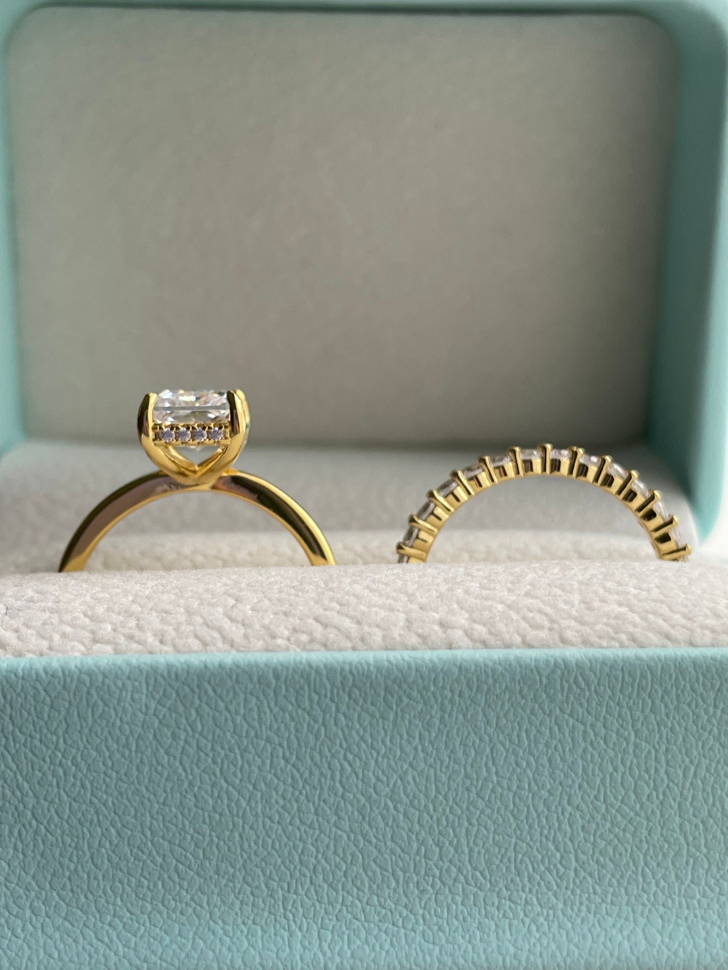 Hidden halo.Gold over Sterling Silver 925 Bridal Set with 2CT,3CT Radiant Cut CZ engagement ring with hidden halo and half eternity band.