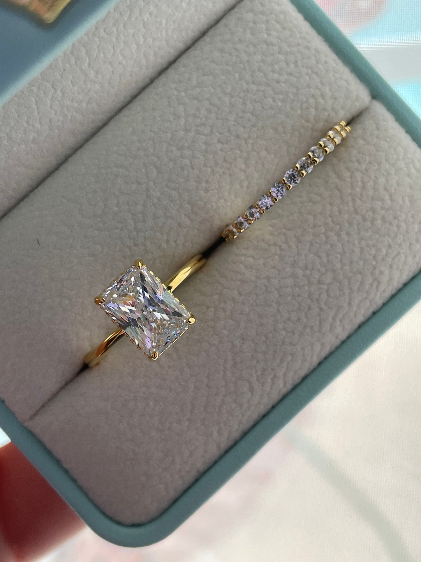Hidden halo.Gold over Sterling Silver 925 Bridal Set with 2CT,3CT Radiant Cut CZ engagement ring with hidden halo and half eternity band.