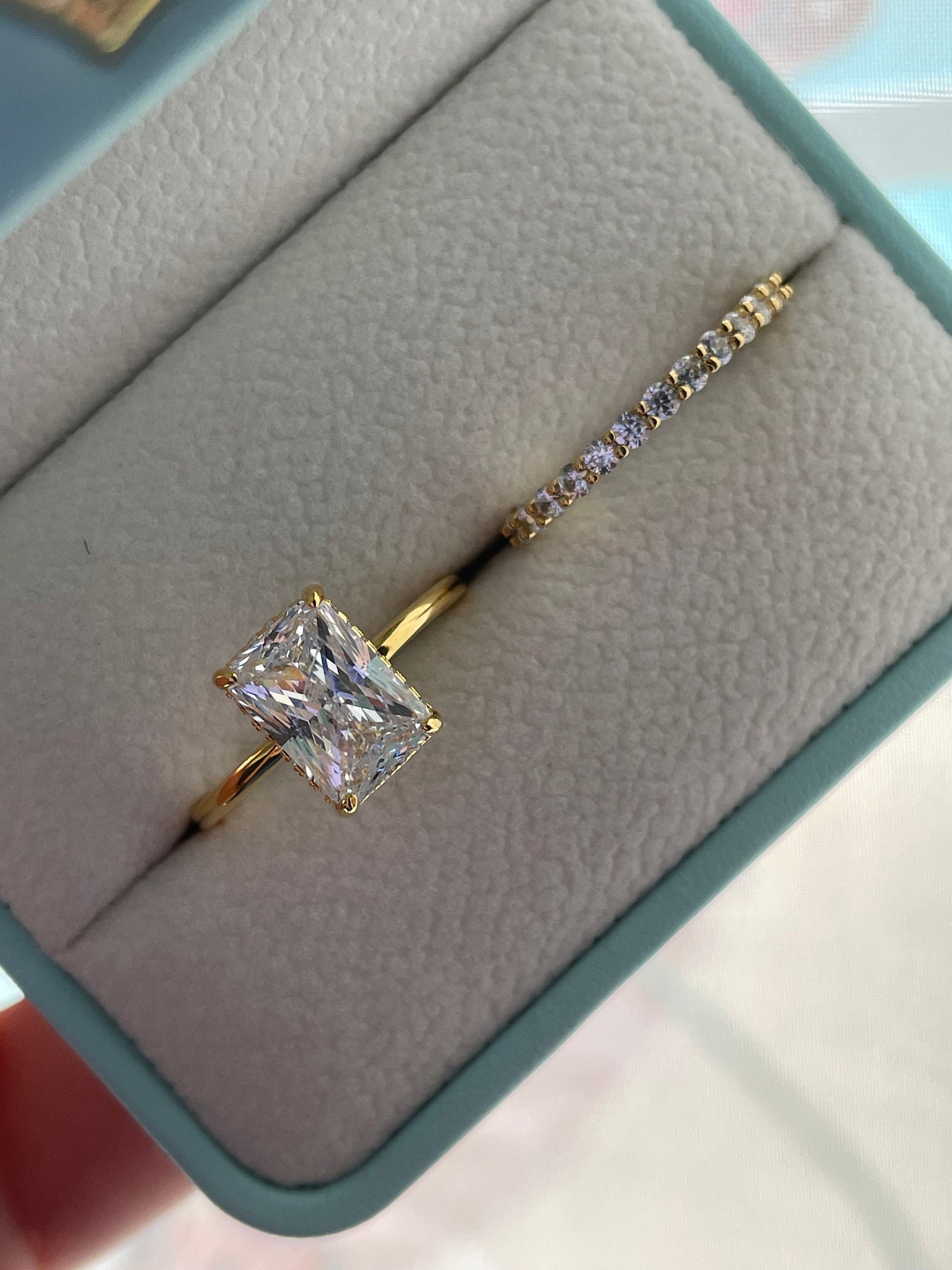 Hidden halo.Gold over Sterling Silver 925 Bridal Set with 2CT,3CT Radiant Cut CZ engagement ring with hidden halo and half eternity band.
