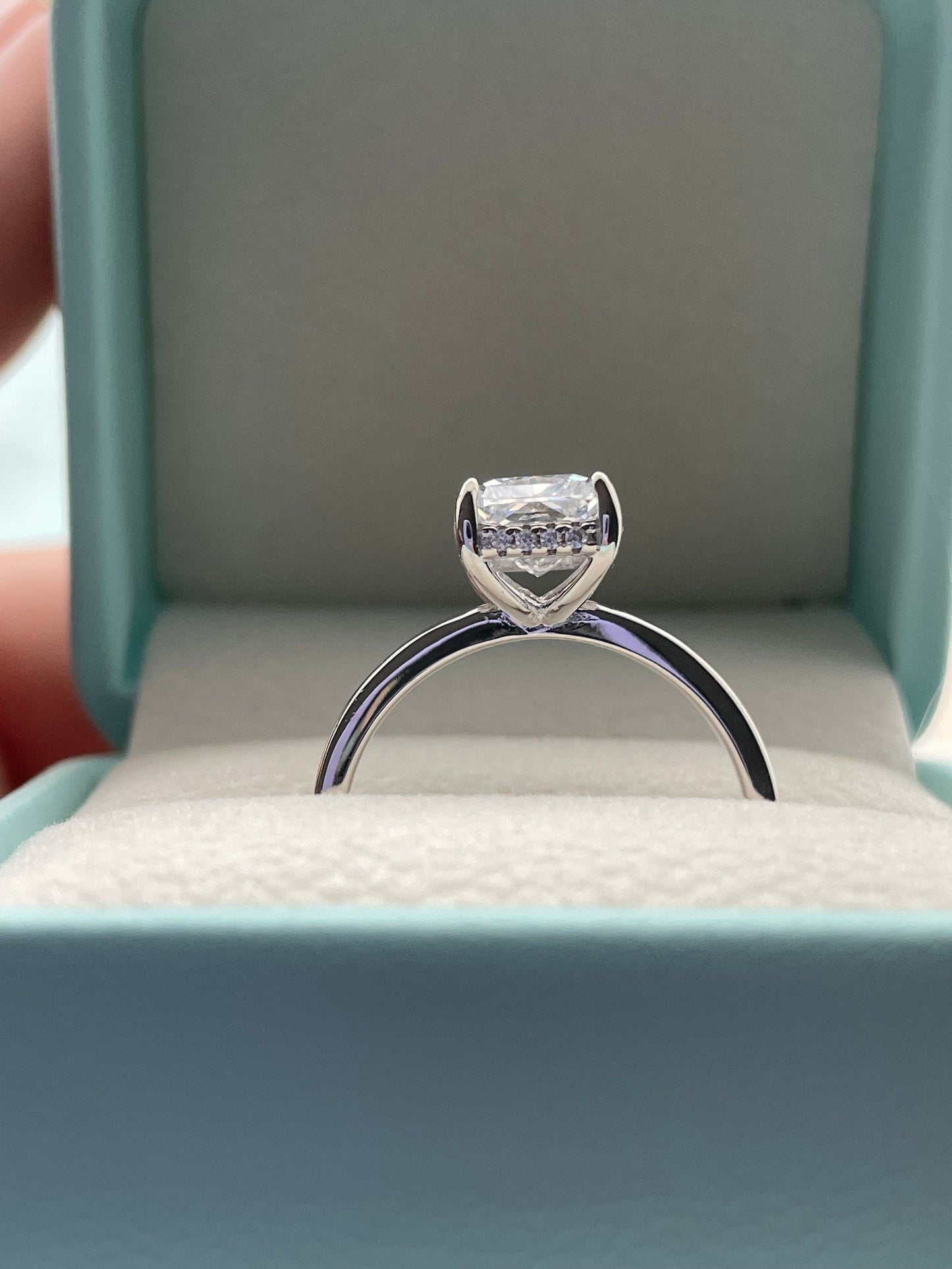 New In! Sterling Silver 925 Bridal Set with 2CT or 3CT CZ Radiant Cut engagement ring with hidden halo and half eternity band.