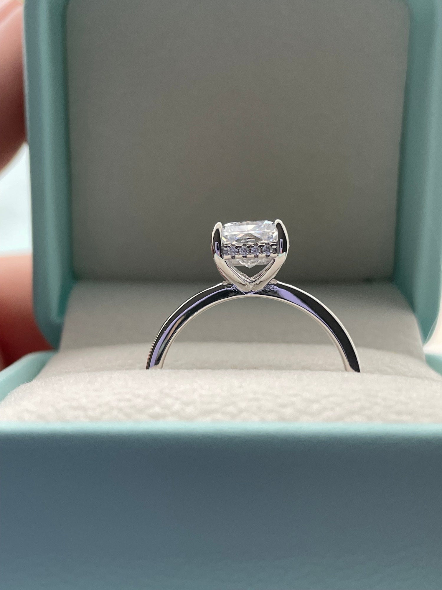 New In! Sterling Silver 925 Bridal Set with 2CT or 3CT CZ Radiant Cut engagement ring with hidden halo and half eternity band.
